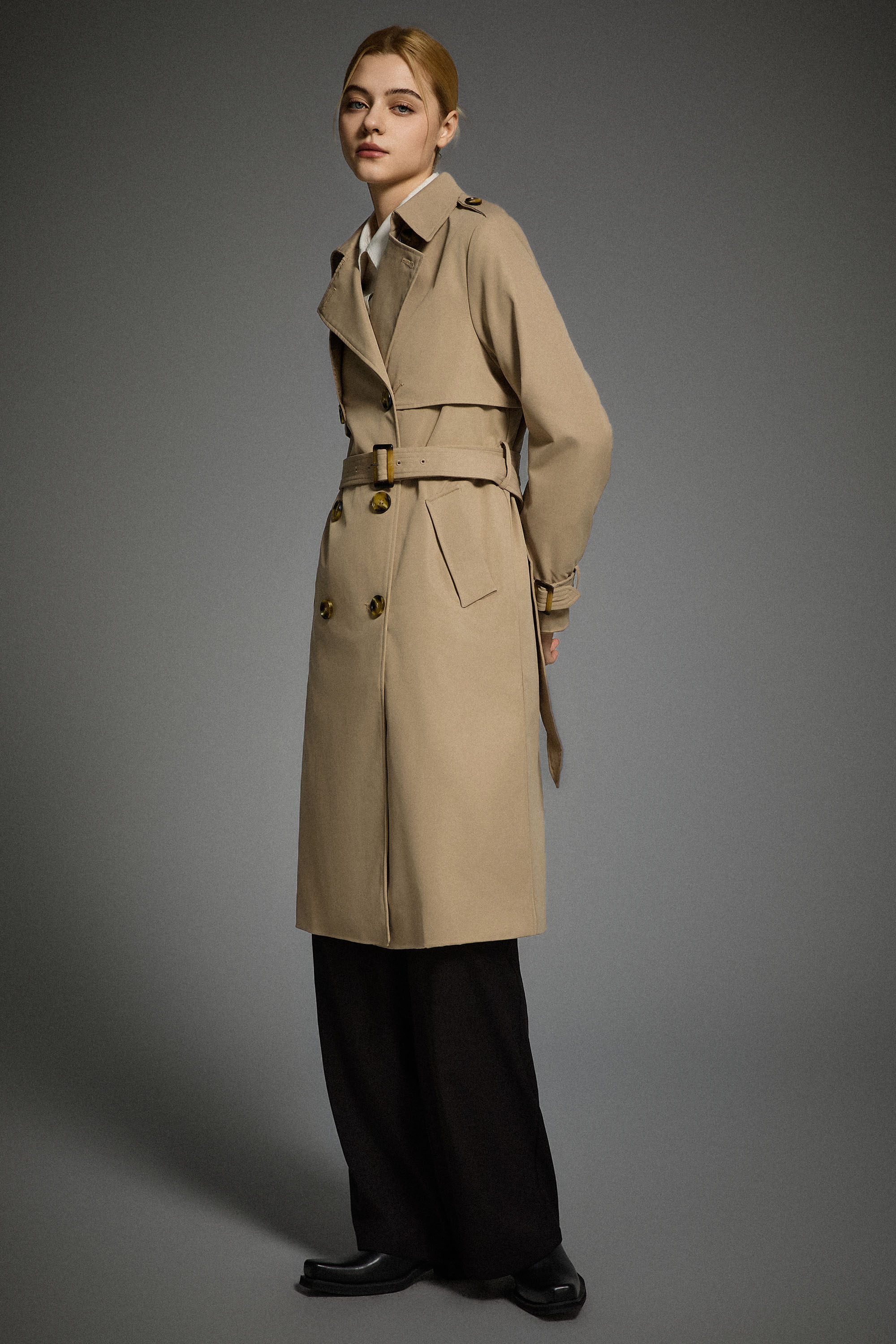 women 3/4 Belted Double-Breasted Trench from Orolay - #color_Frosted Almond