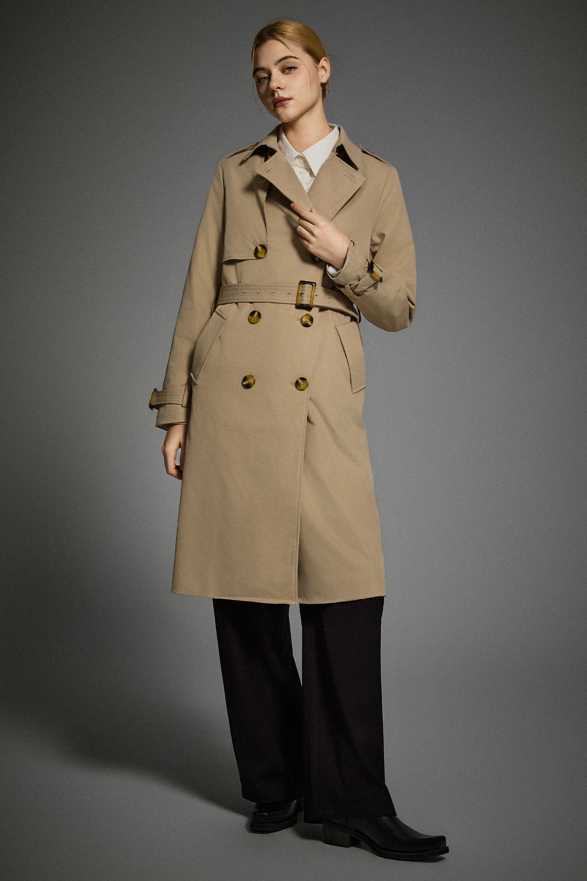 women 3/4 Belted Double-Breasted Trench from Orolay - #color_Frosted Almond