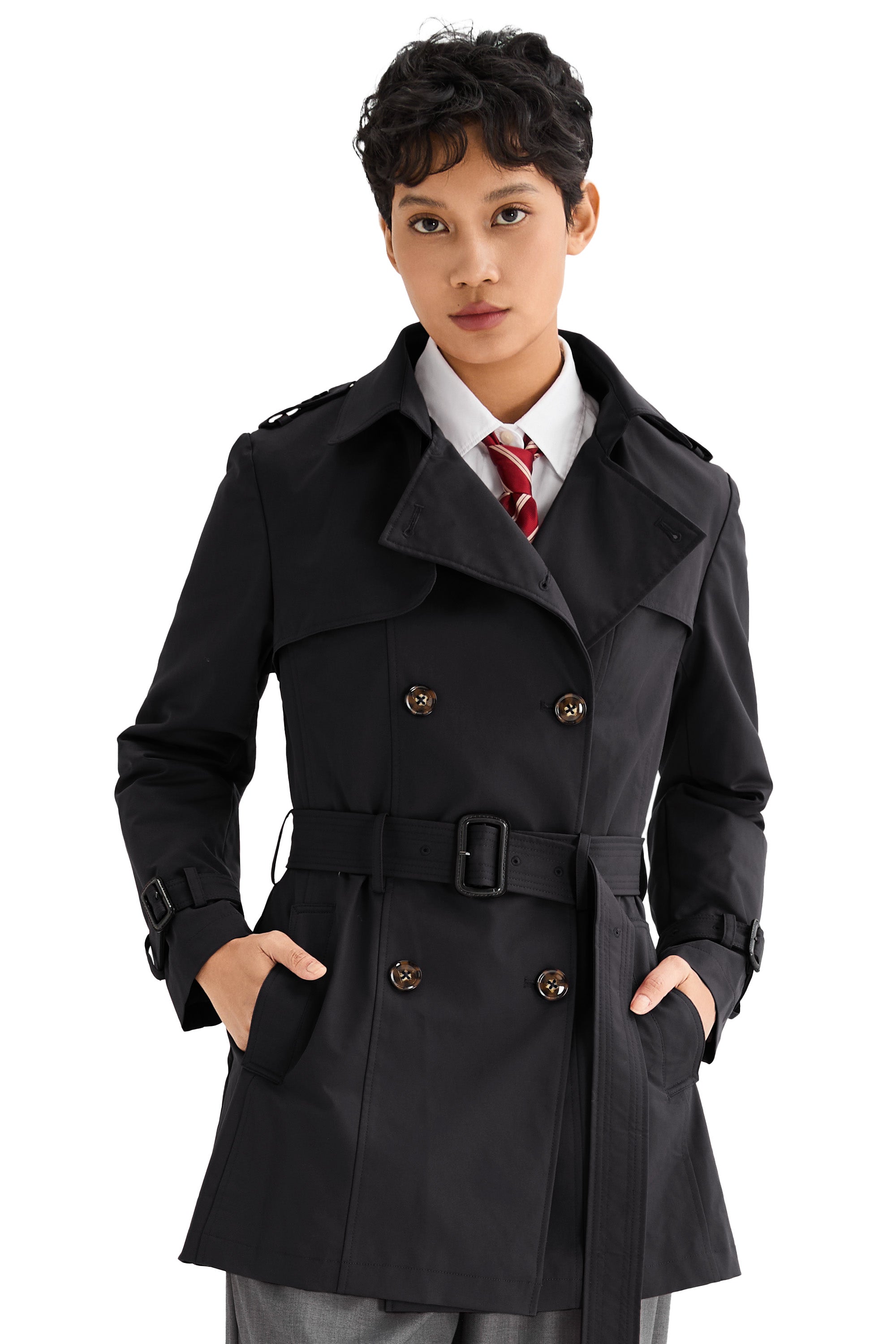 Orolay-3/4 Double-Breasted Short Trench-#color_Black