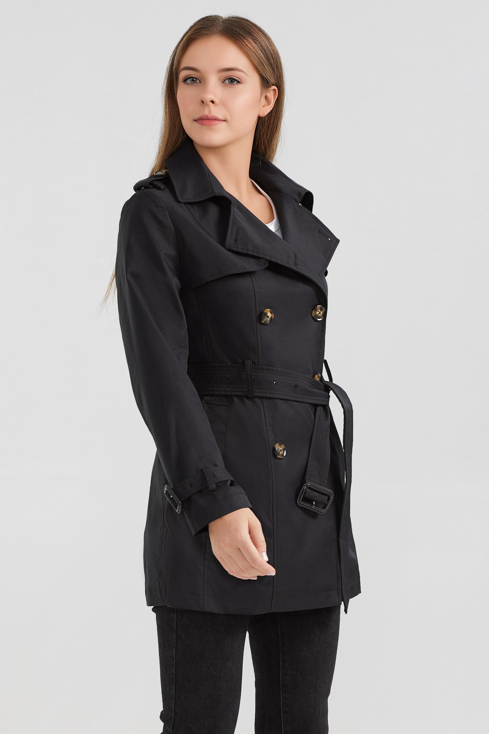 Orolay-3/4 Double-Breasted Short Trench-#color_Black
