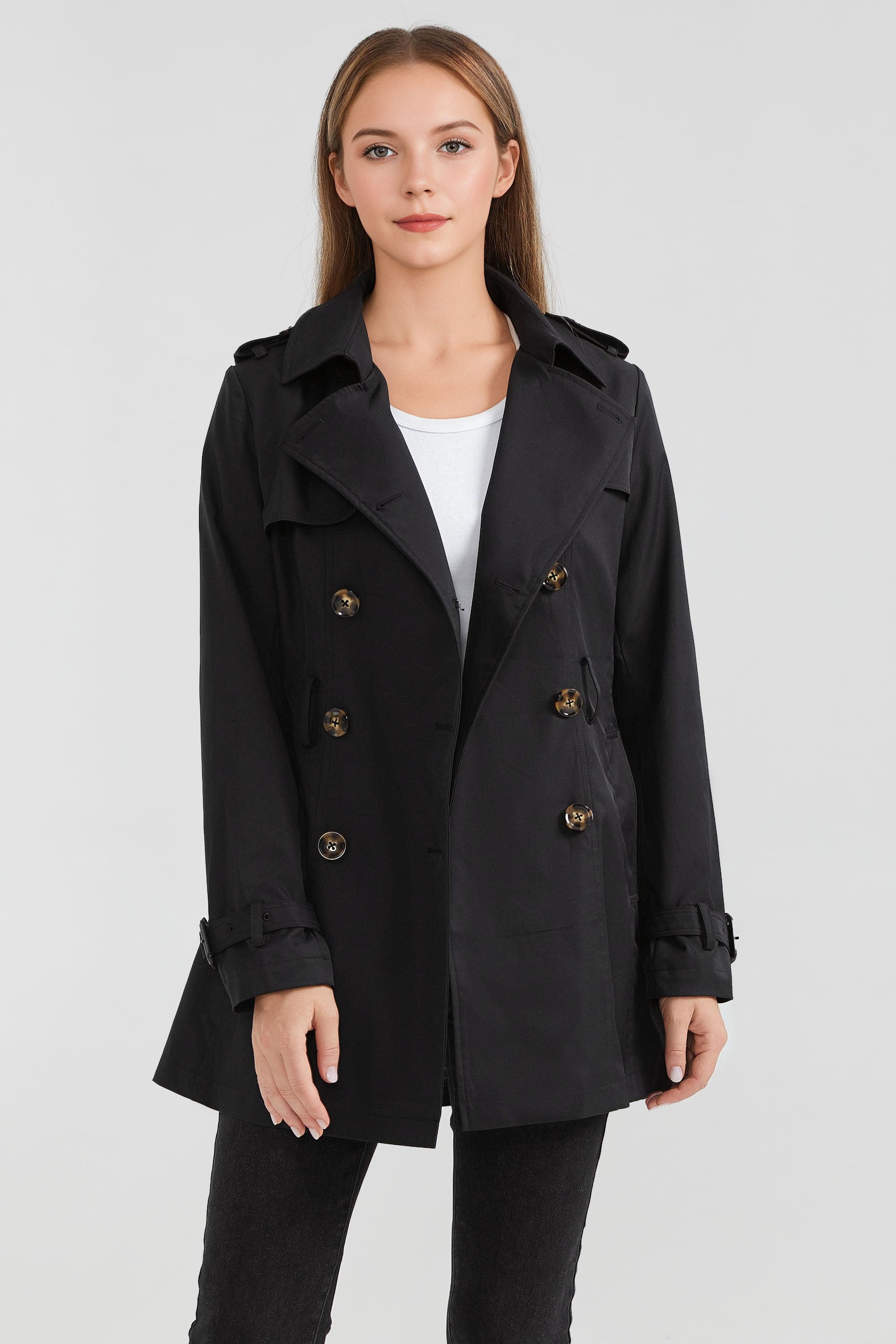 Orolay-3/4 Double-Breasted Short Trench-#color_Black