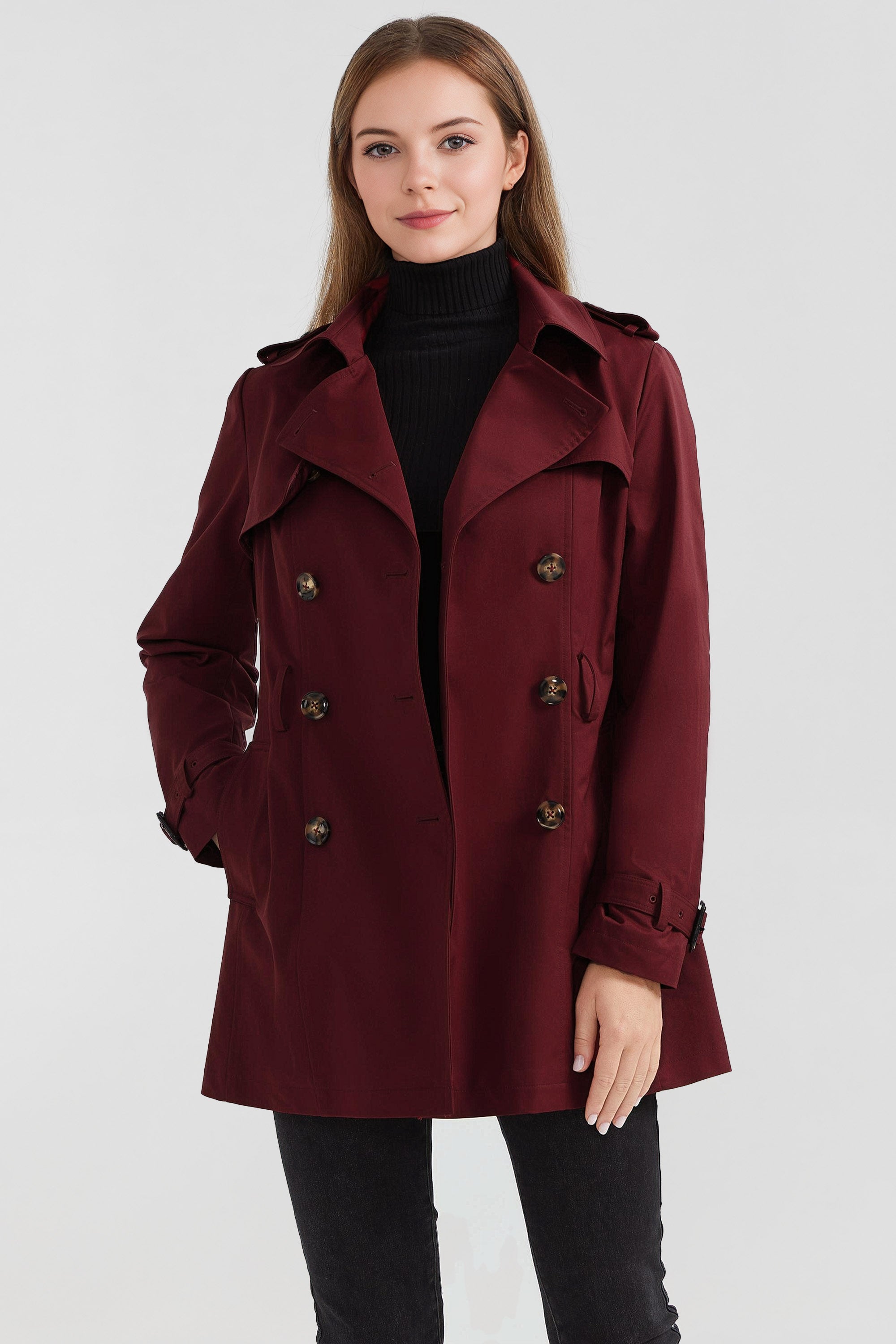 Orolay-3/4 Double-Breasted Short Trench-#color_Syrah