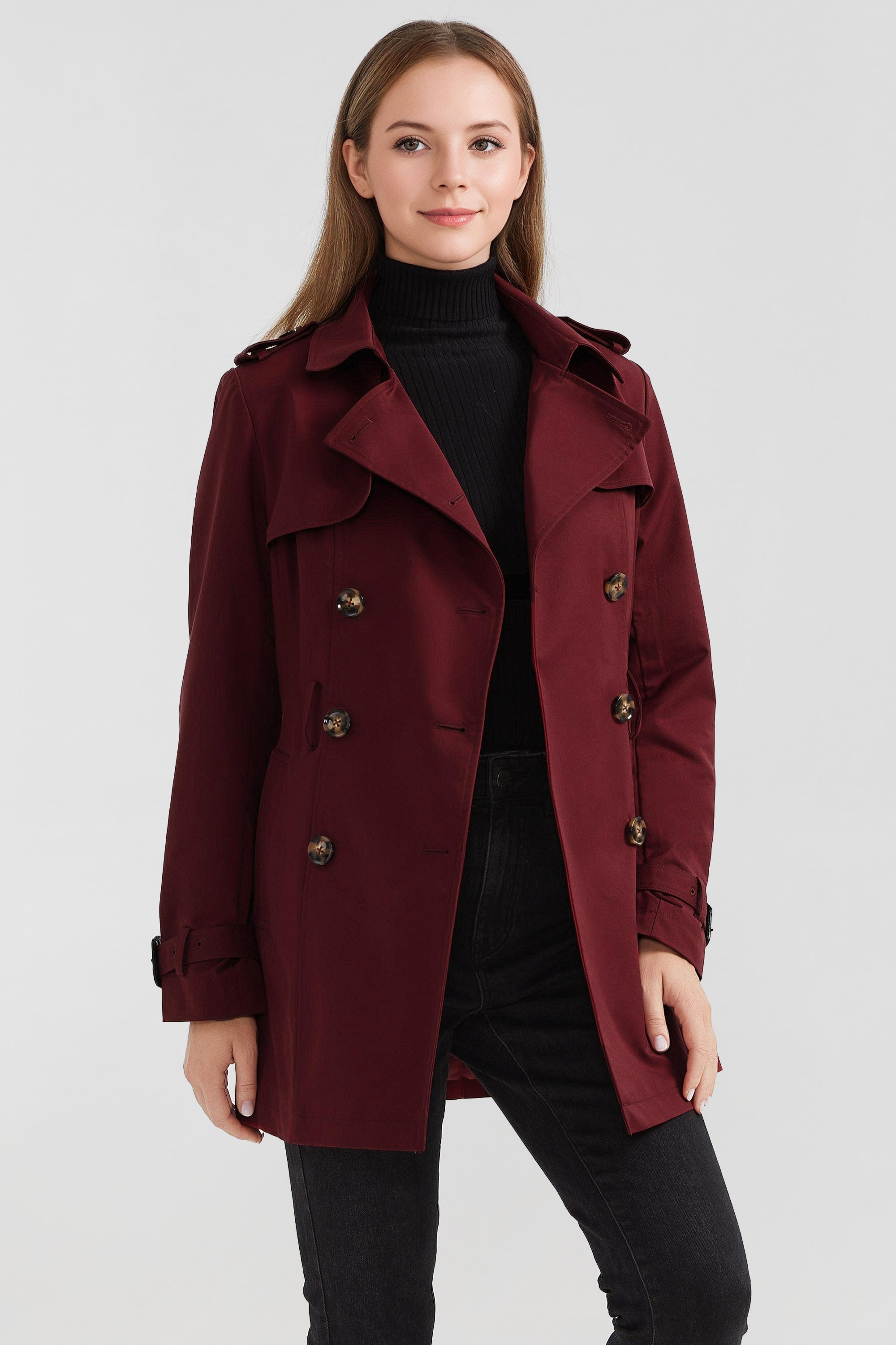 Orolay-3/4 Double-Breasted Short Trench-#color_Syrah