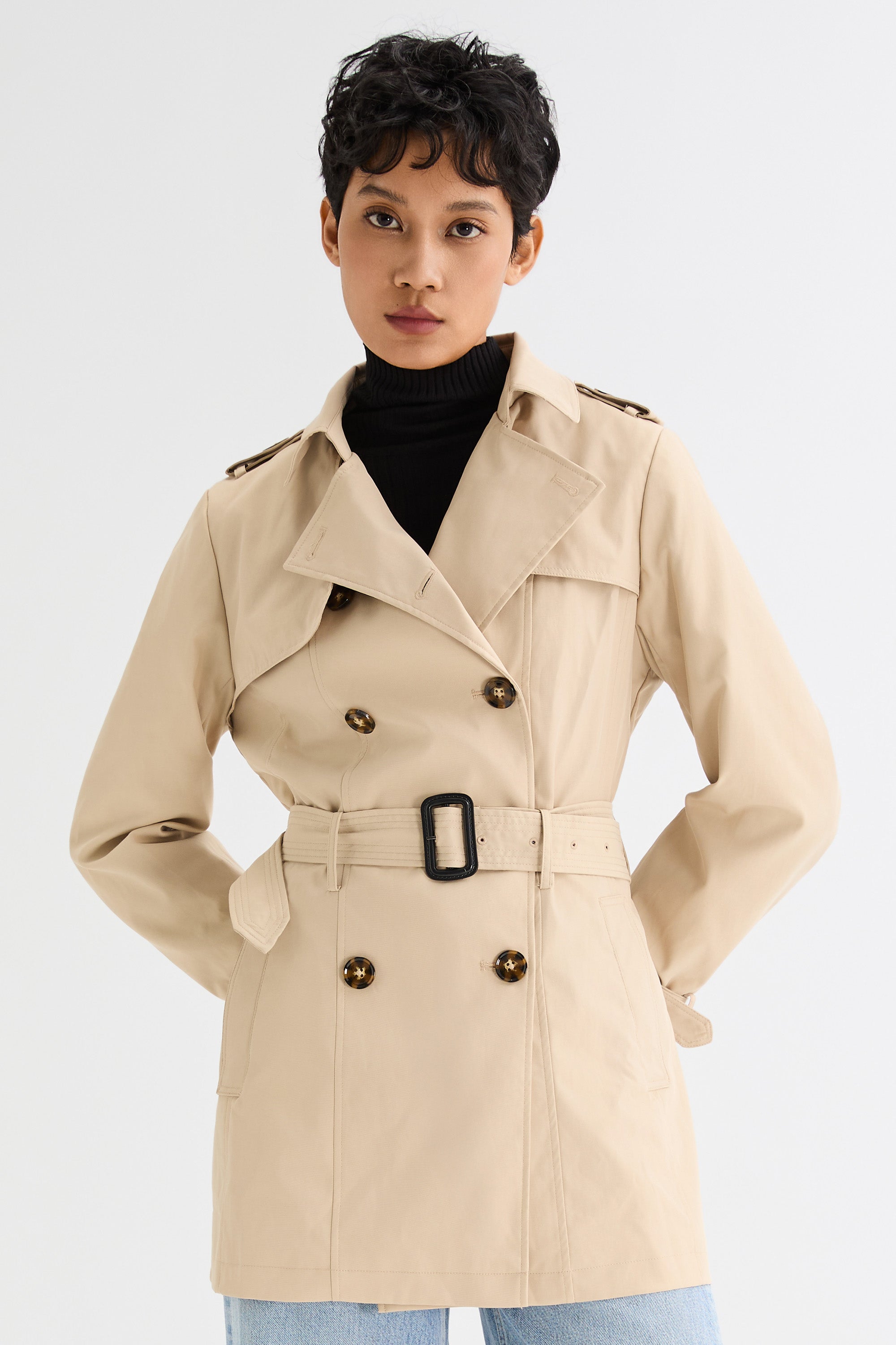 Orolay-3/4 Double-Breasted Short Trench-#color_Frosted Almond