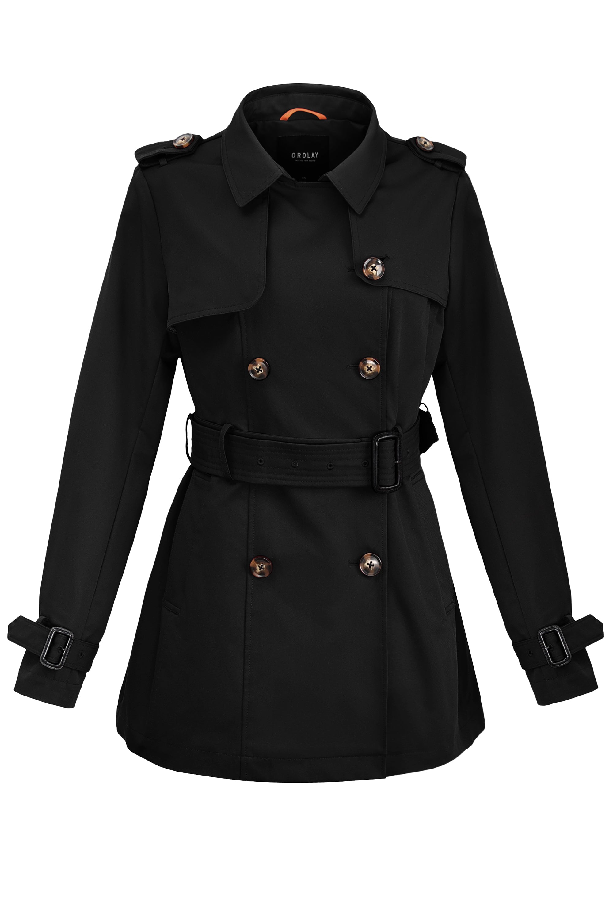 Orolay-3/4 Double-Breasted Short Trench-#color_Black