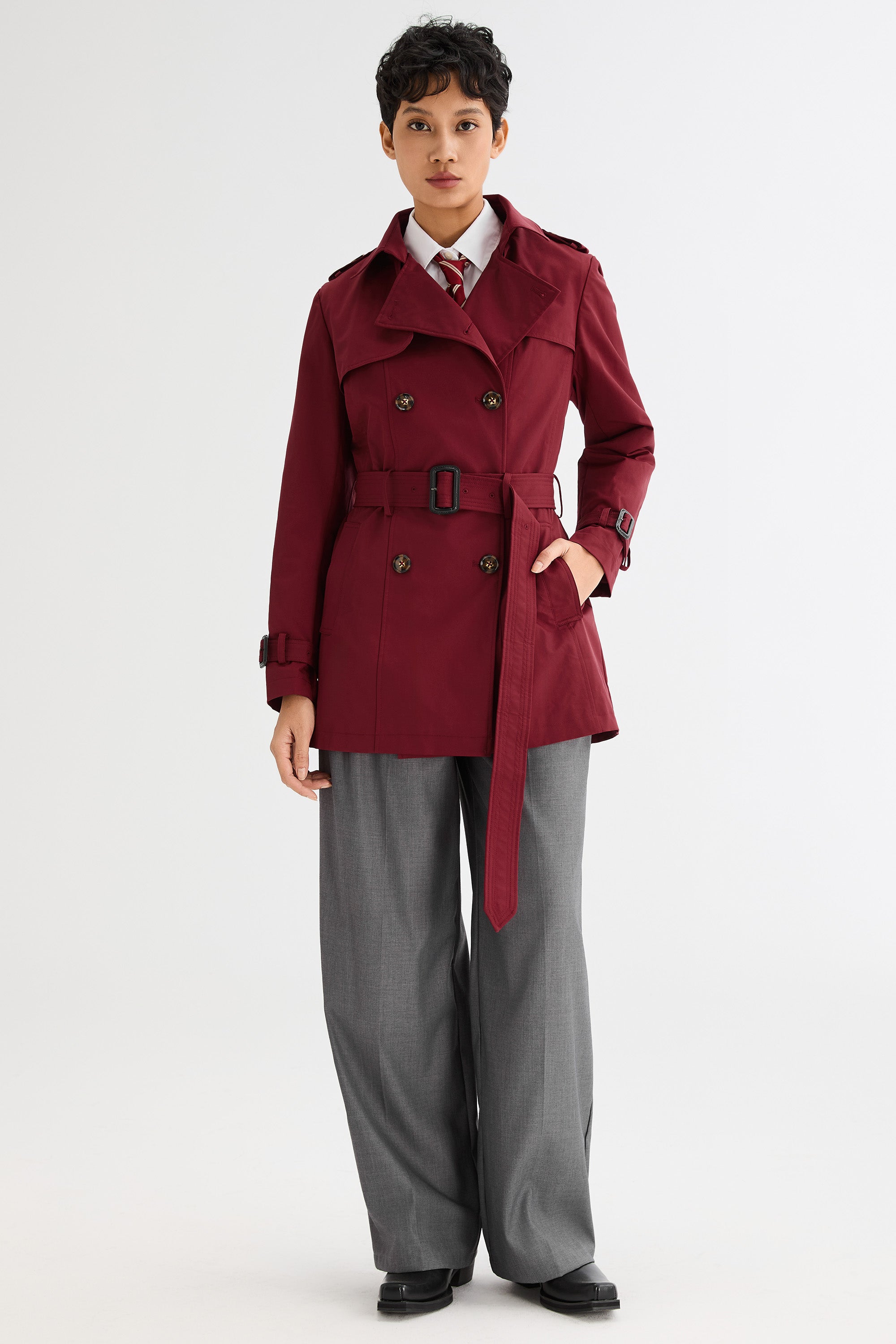 Orolay-3/4 Double-Breasted Short Trench-#color_Syrah