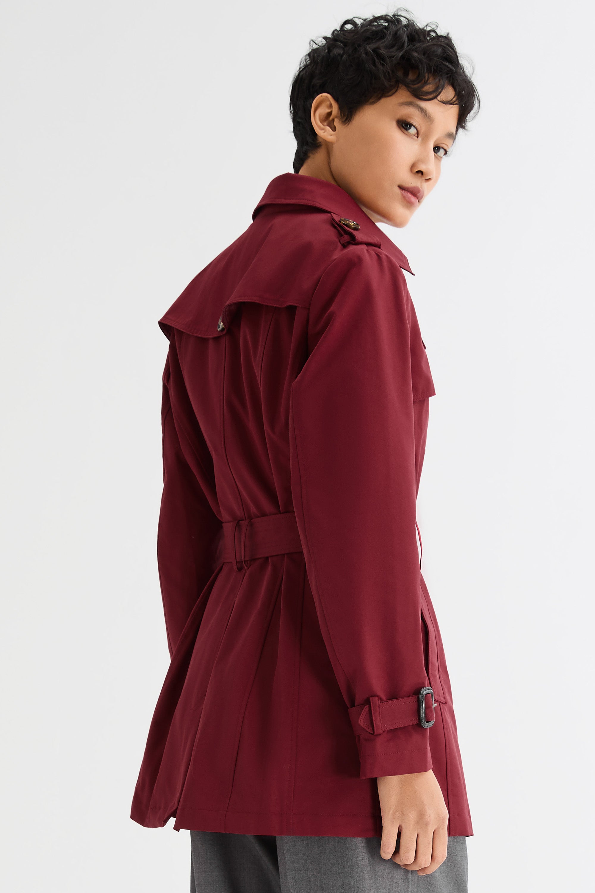 Orolay-3/4 Double-Breasted Short Trench-#color_Syrah