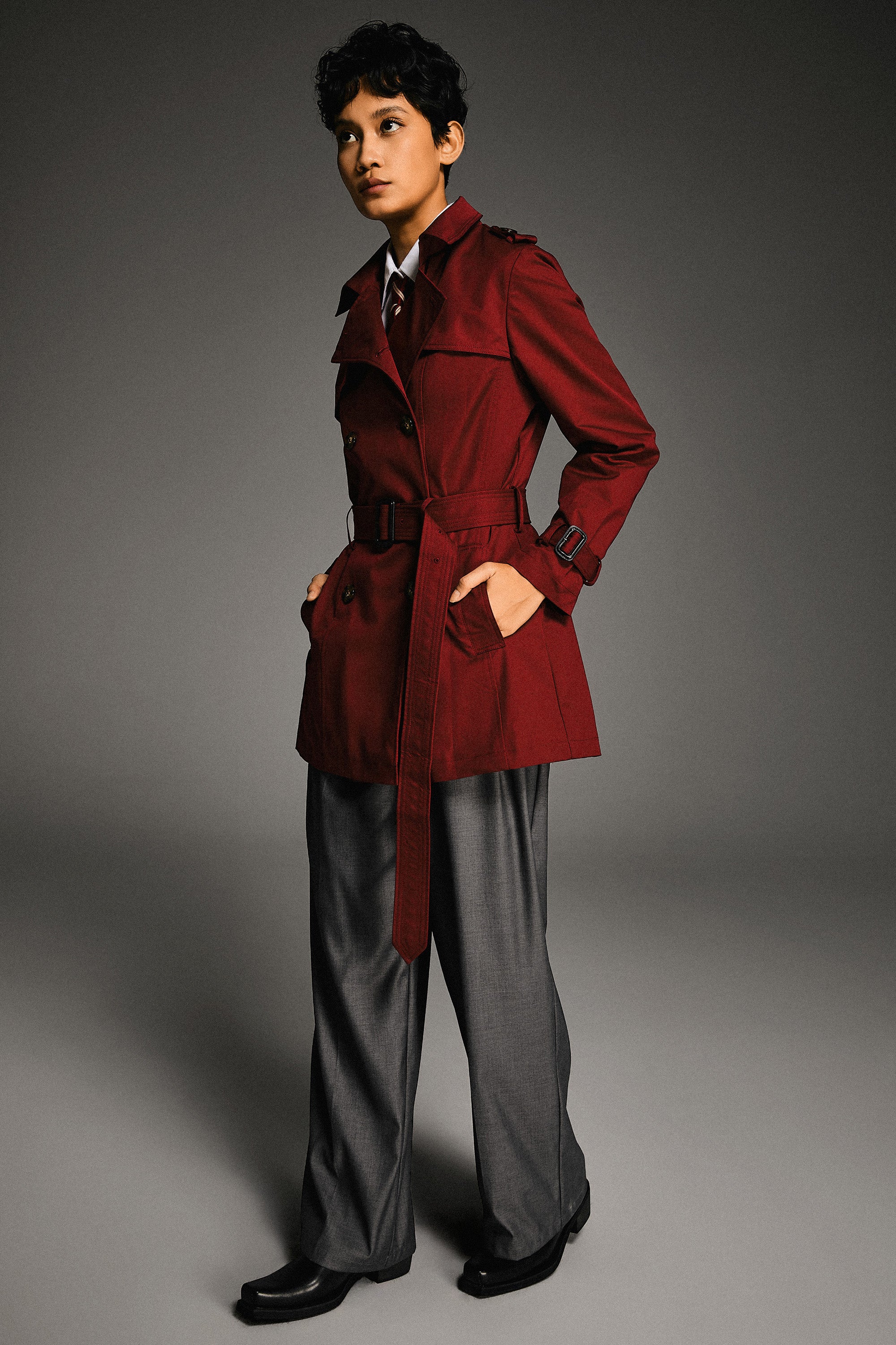 Orolay-3/4 Double-Breasted Short Trench-#color_Syrah