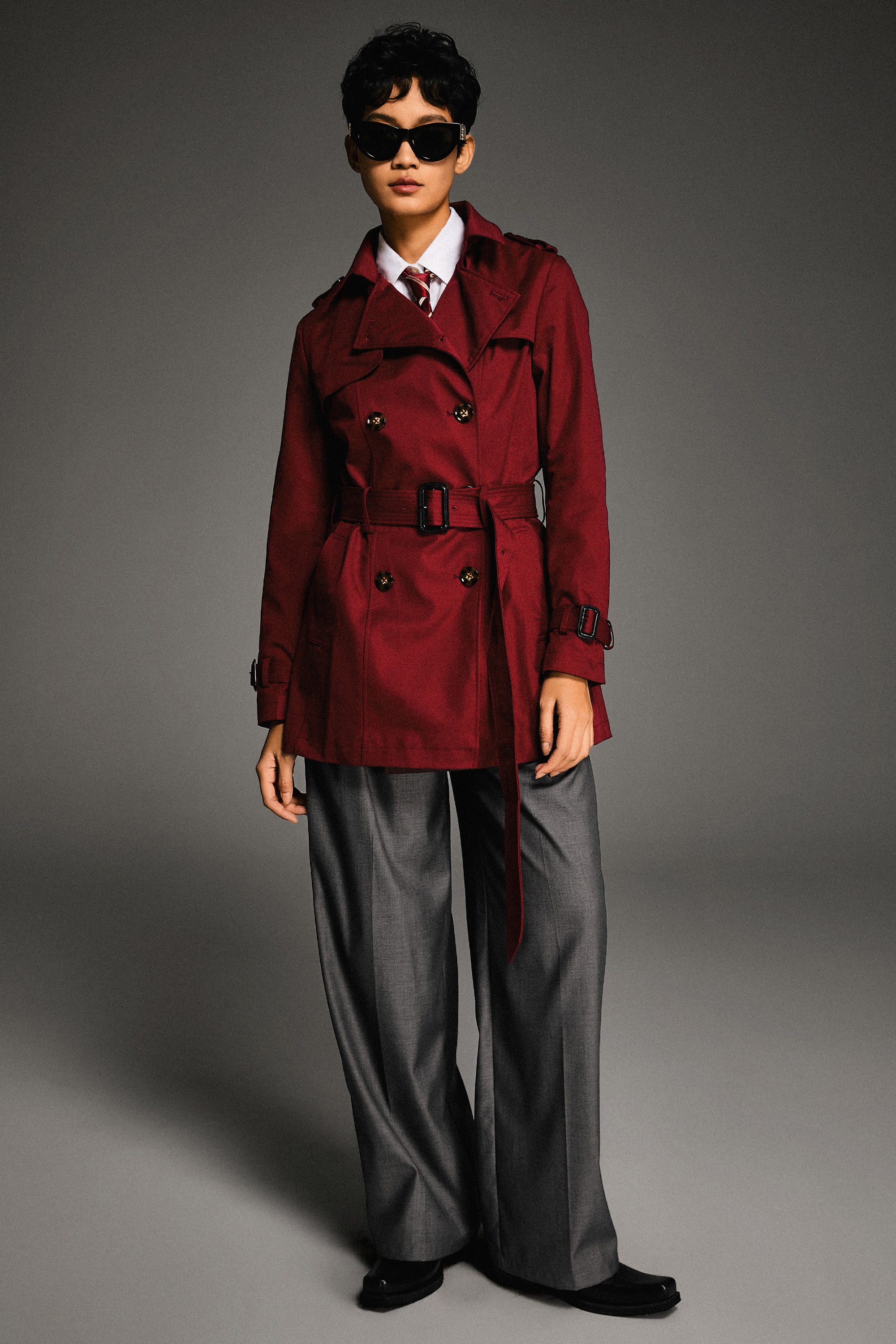 Orolay-3/4 Double-Breasted Short Trench-#color_Syrah