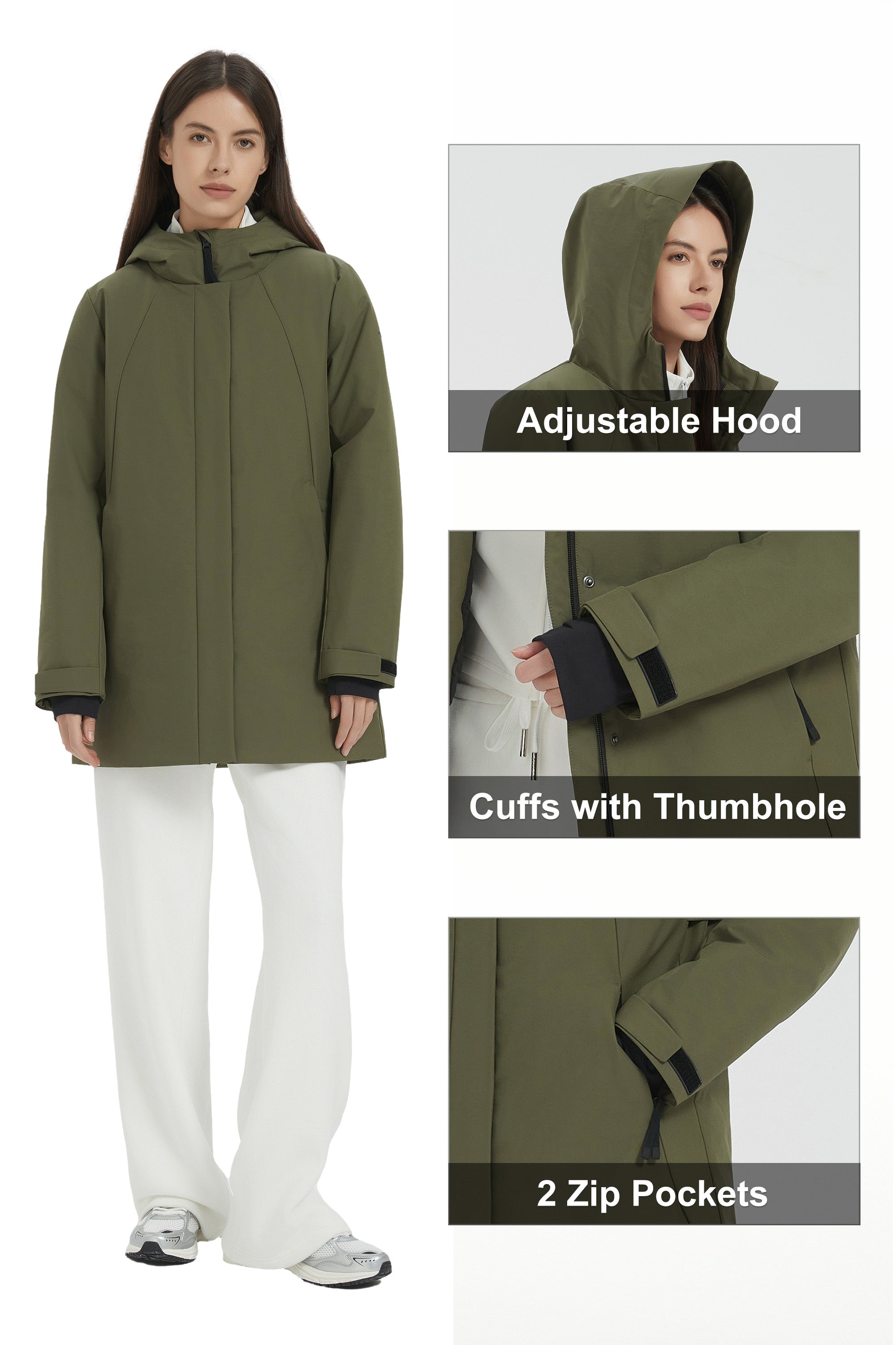 Hooded Winter Warm Parka Full Zip Lightweight #color_dark green