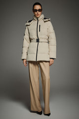 Celeste Polished Edge Belted Hooded Down Jacket #color_beige
