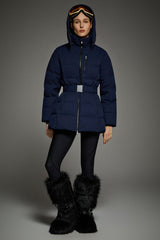 Celeste Polished Edge Belted Hooded Down Jacket #color_navy