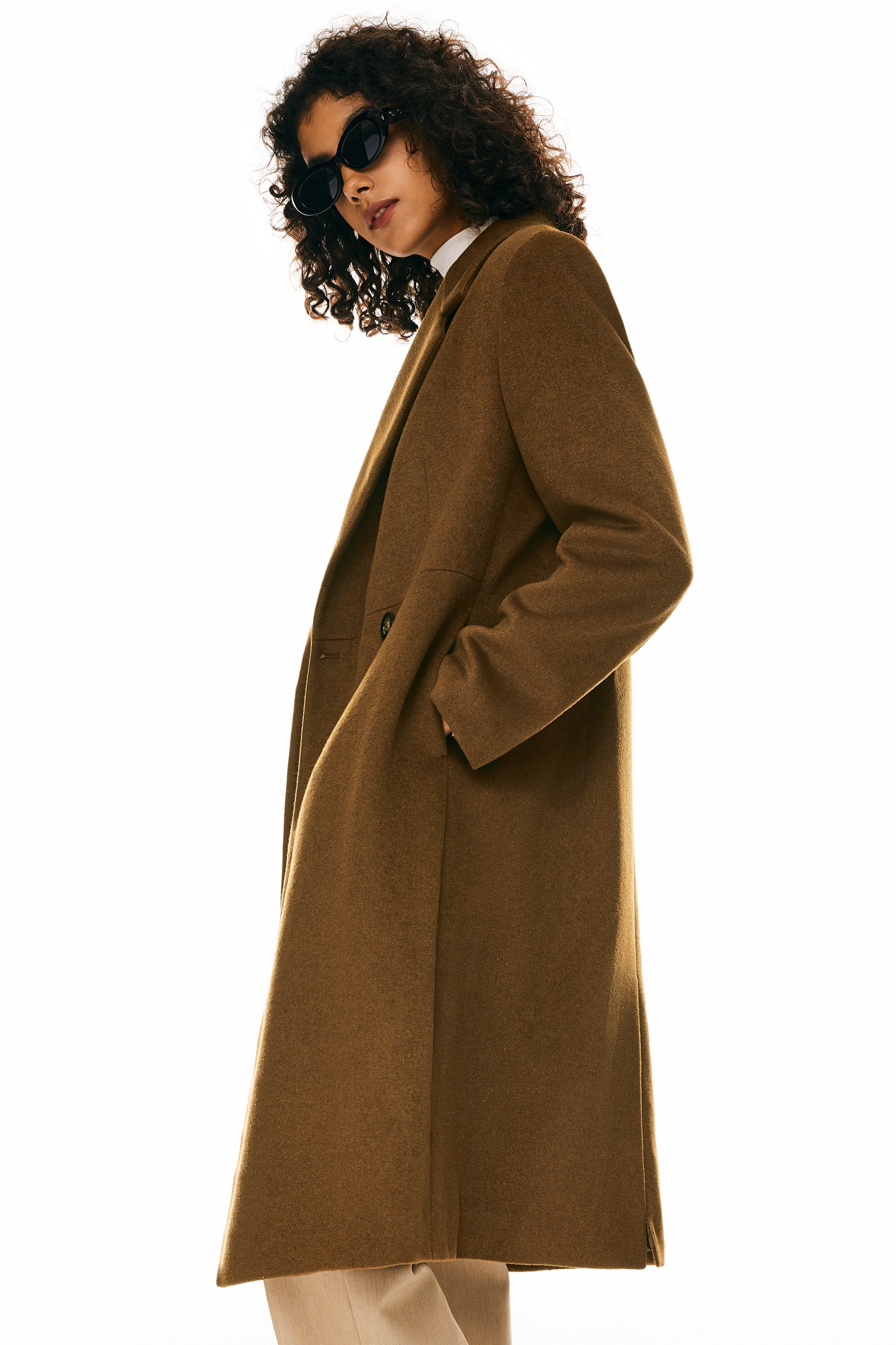 Double Breasted Pea Wool Coat #color_brown