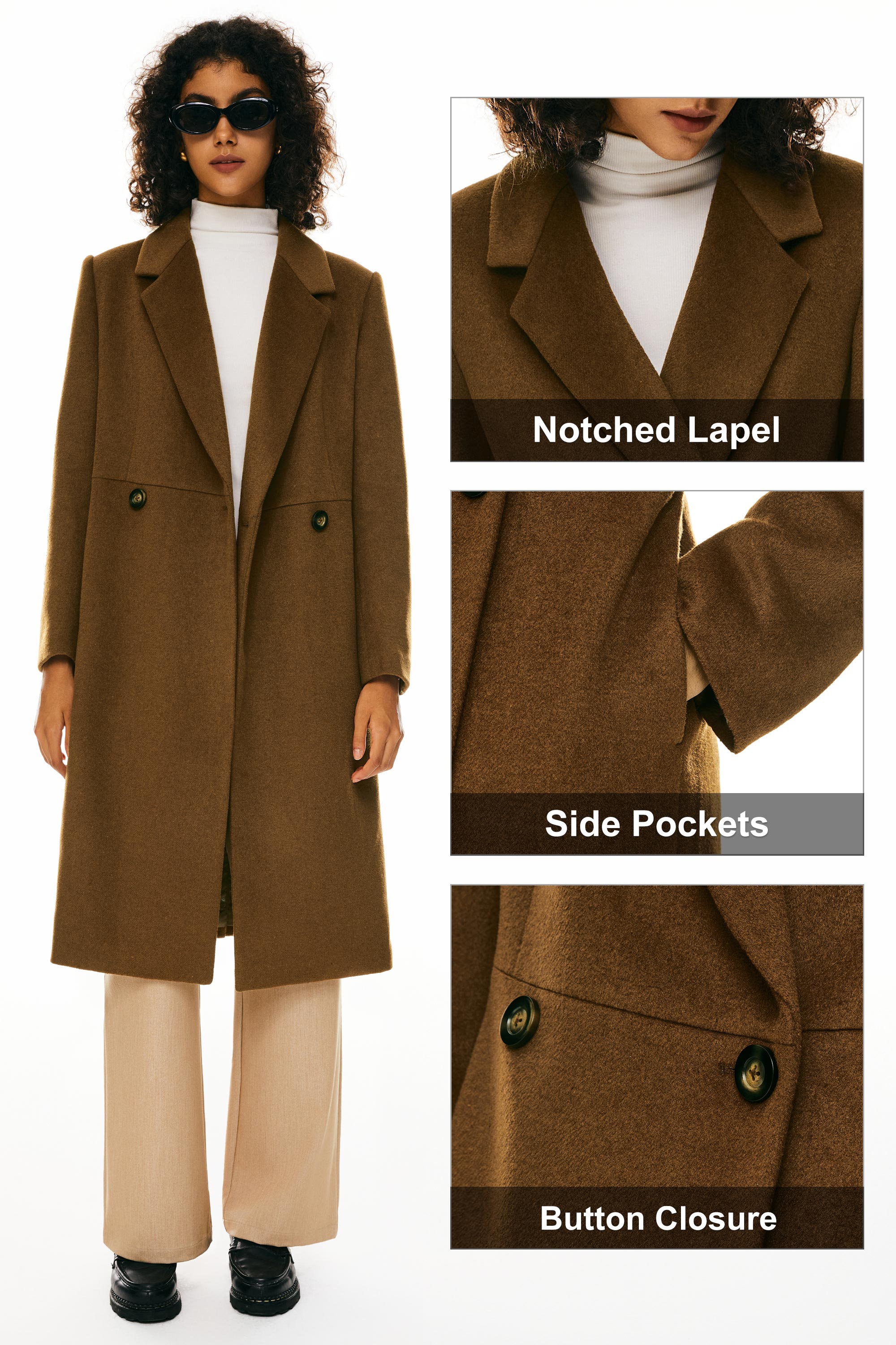 Double Breasted Pea Wool Coat #color_brown