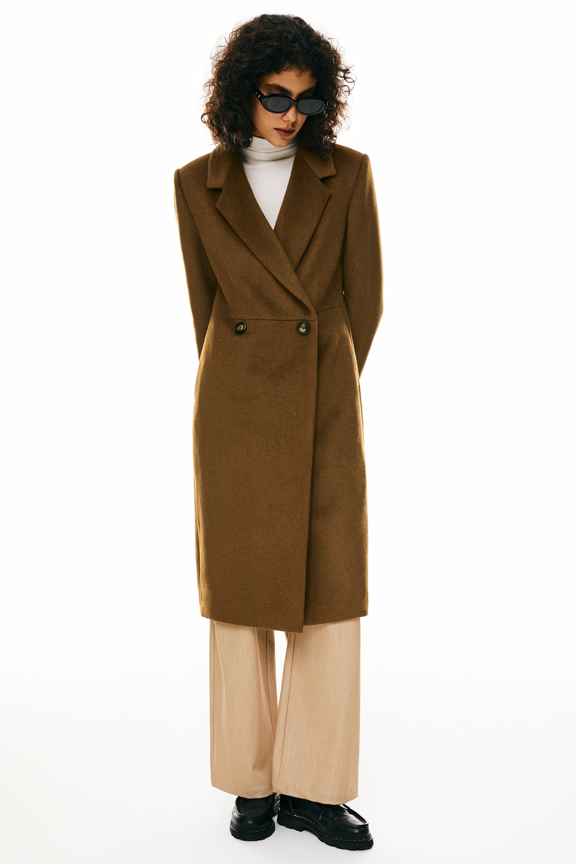 Double Breasted Pea Wool Coat #color_brown