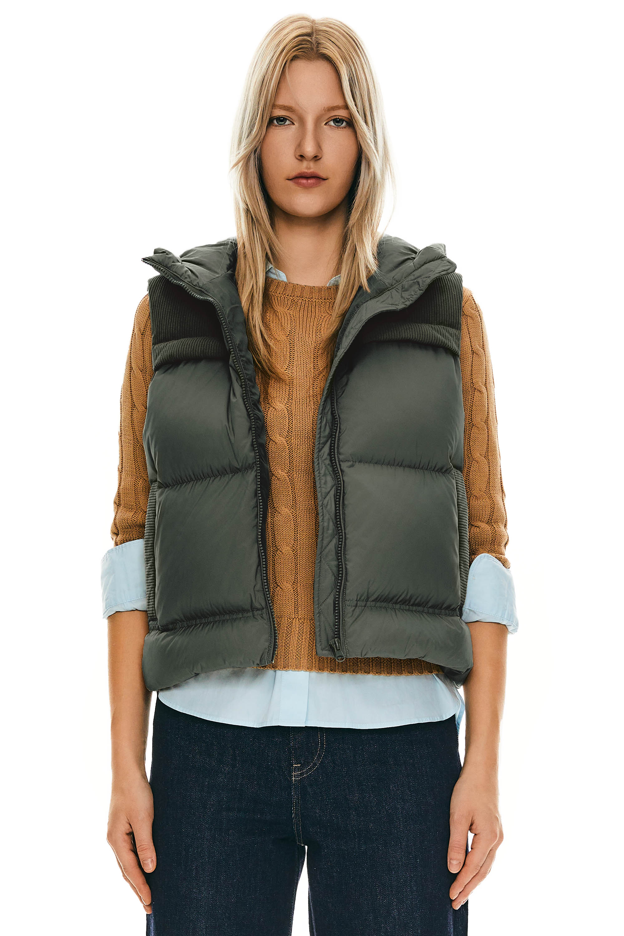 Orolay Hooded Puffer Down Vest Cropped Zip Up Lightweight #color_dark Green