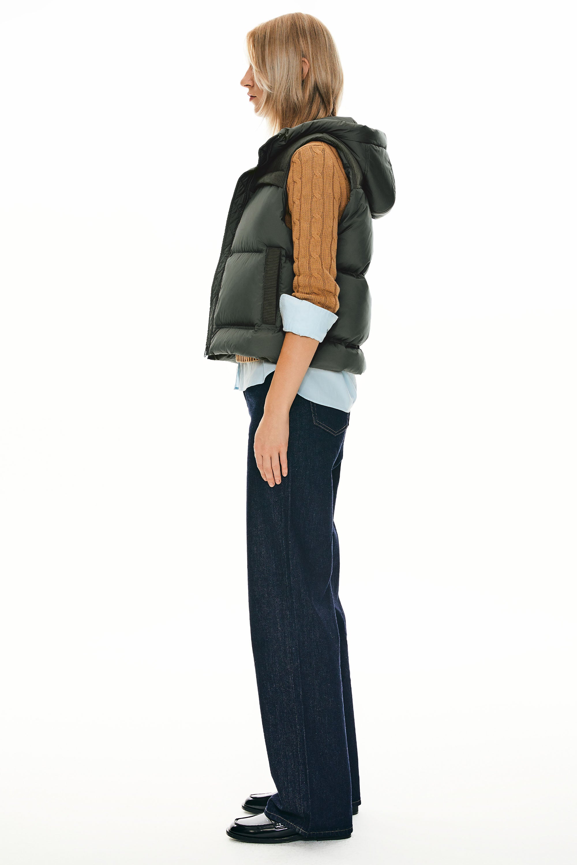 Orolay Hooded Puffer Down Vest Cropped Zip Up Lightweight #color_dark Green