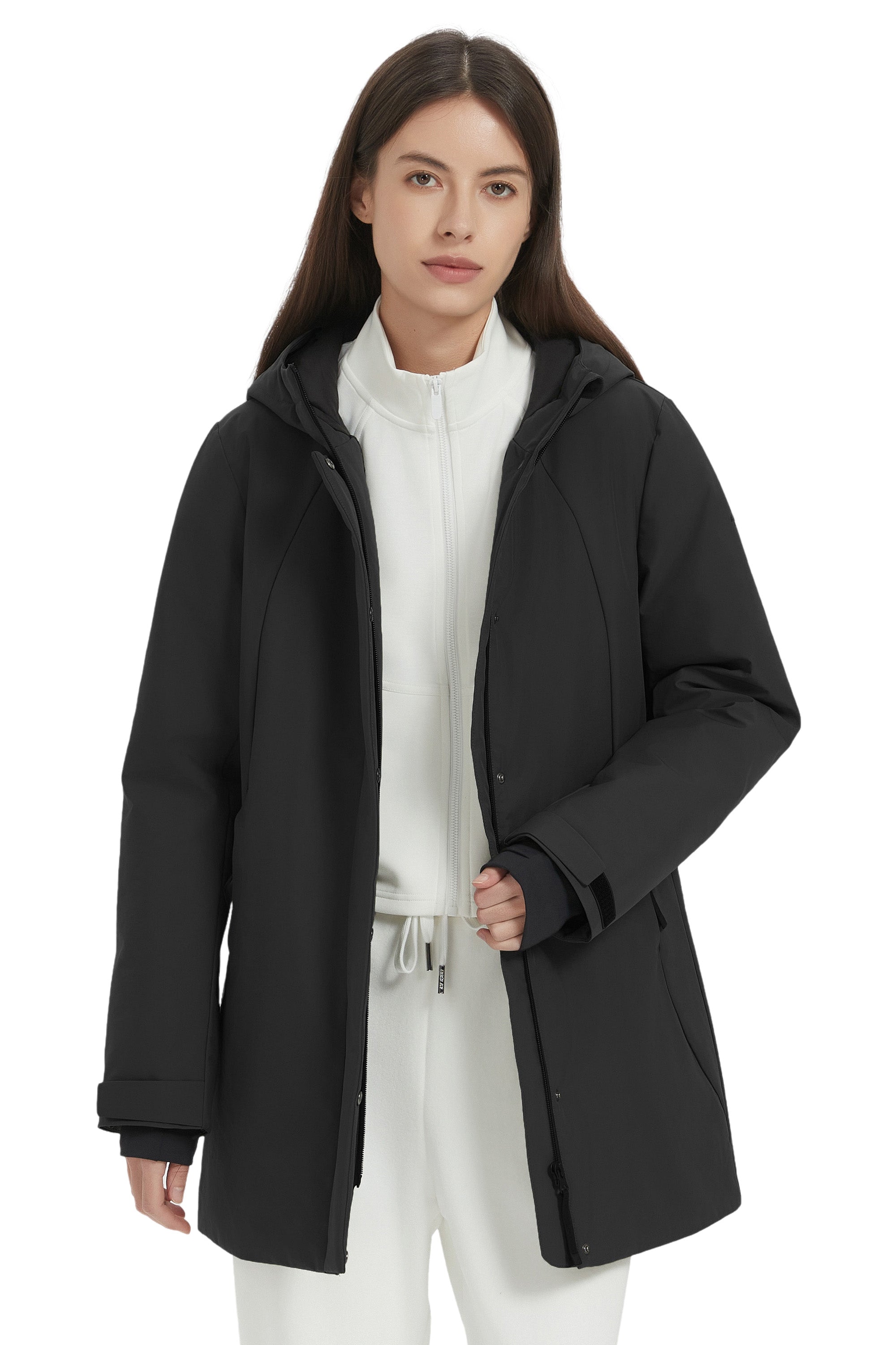 Hooded Winter Warm Parka Full Zip Lightweight #color_black