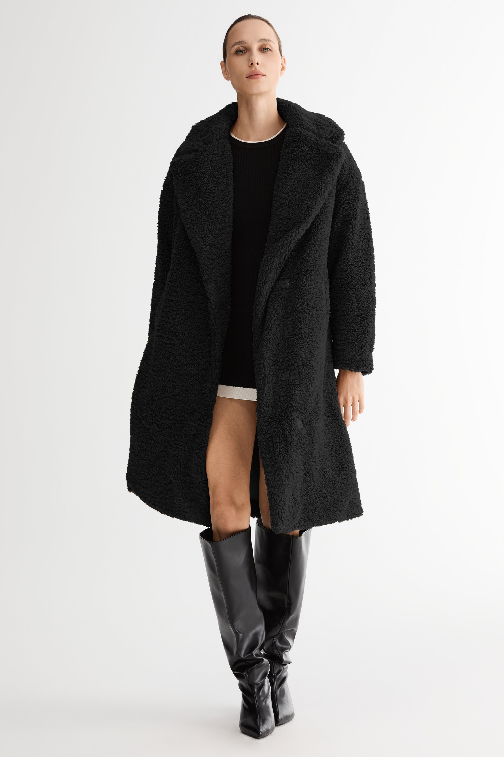 Orolay-Knee-Length Fleece Lapel Down Coat-#color_Black