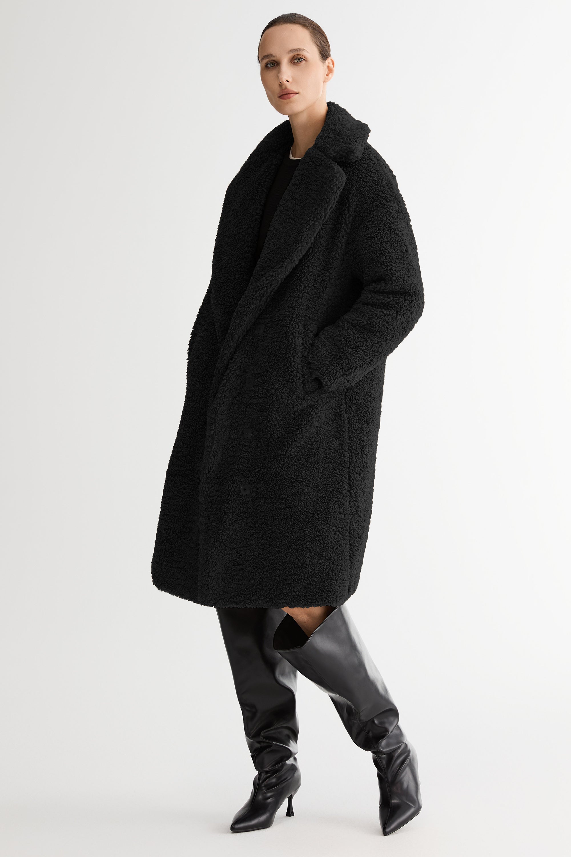 Orolay-Knee-Length Fleece Lapel Down Coat-#color_Black