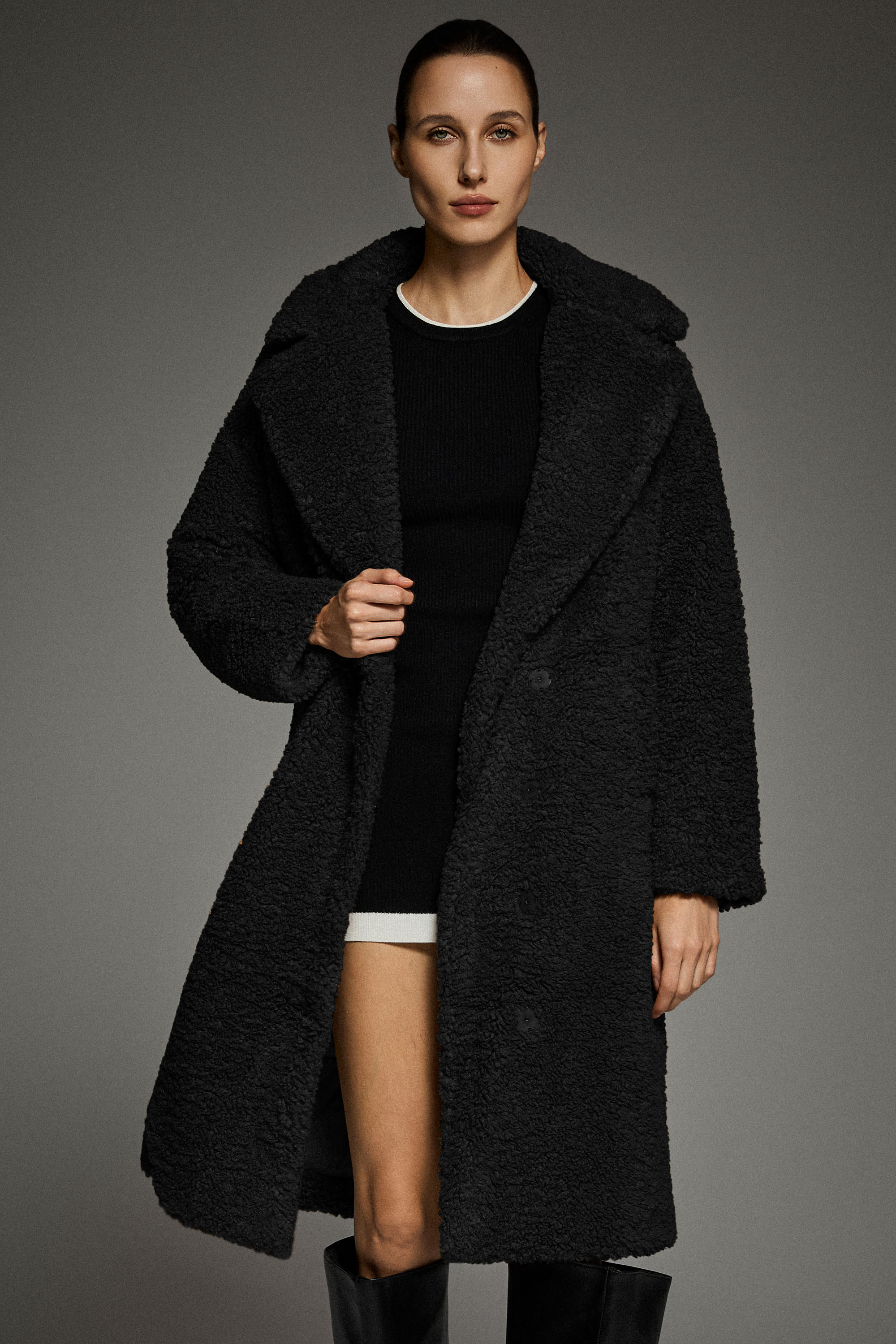 Orolay-Knee-Length Fleece Lapel Down Coat-#color_Black