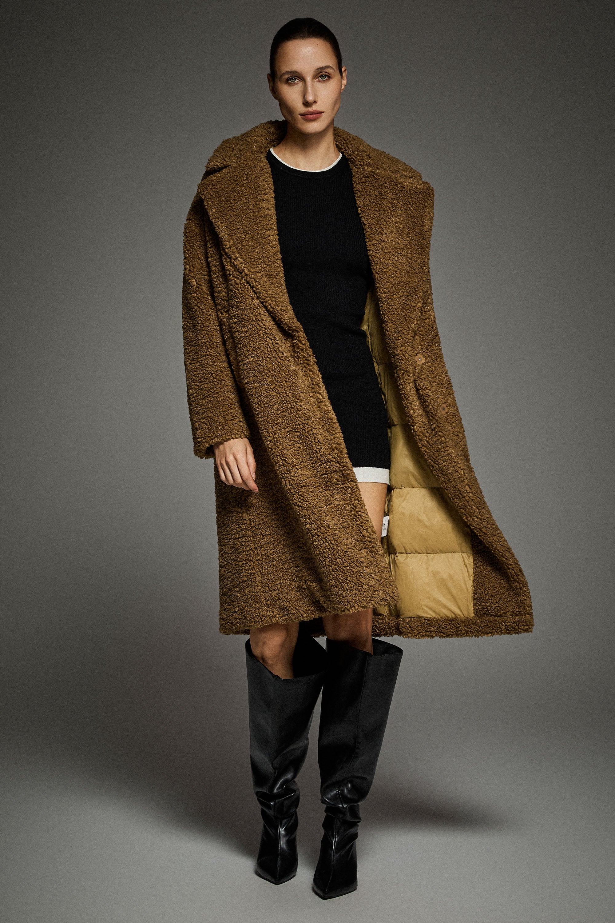 Orolay-Knee-Length Fleece Lapel Down Coat-#color_Nuthatch