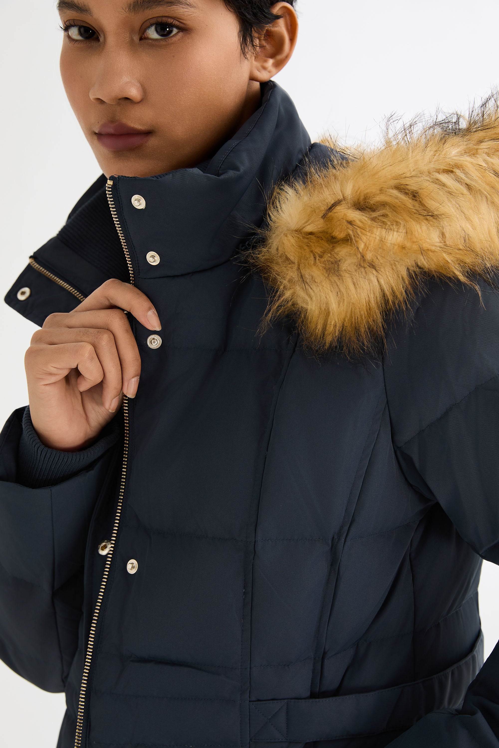 Long Faux Fur Hooded Down Coat - Orolay, #color_Pageant Blue