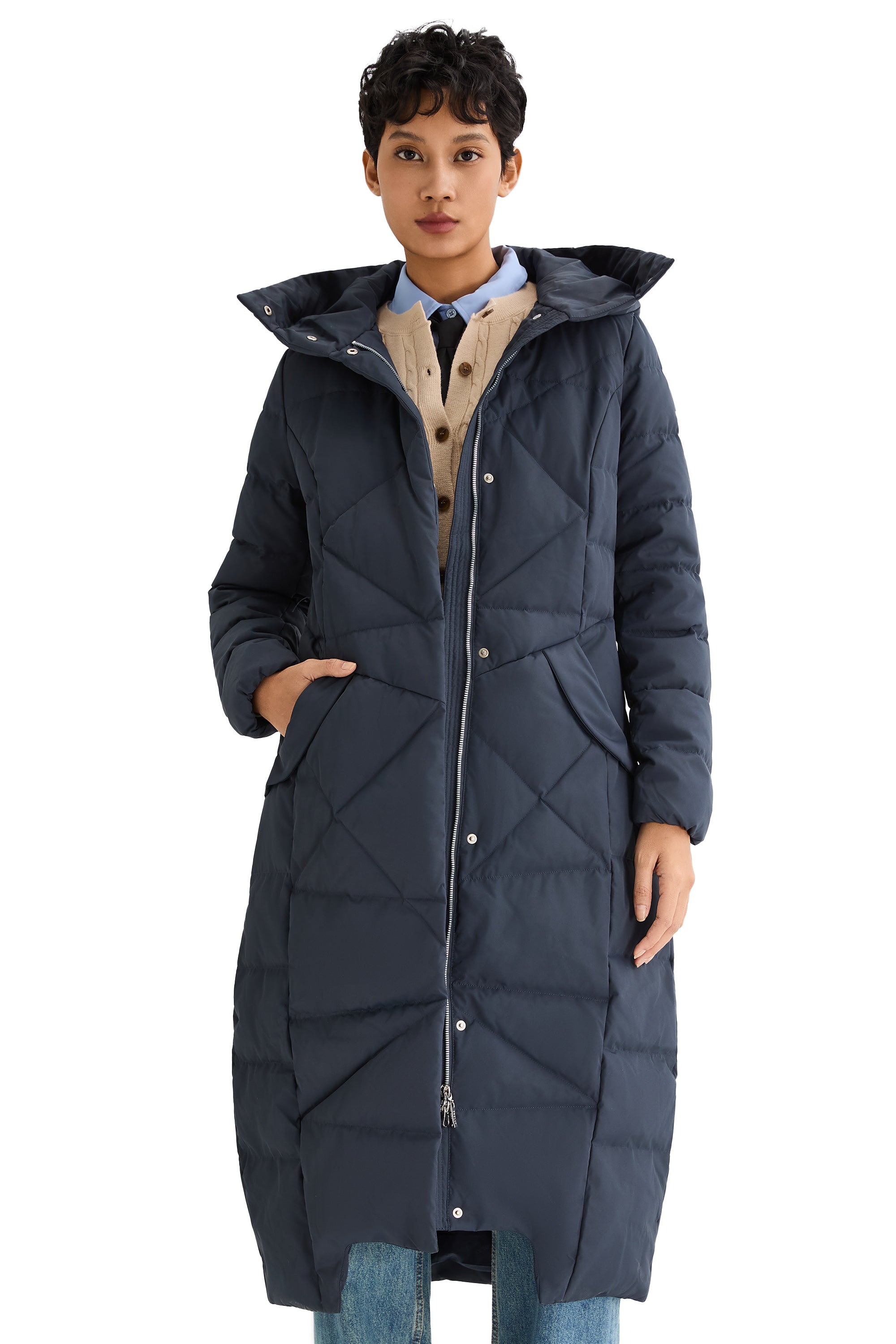 Orolay Long Maxi Down Coat with Hood women #color_Pageant Blue