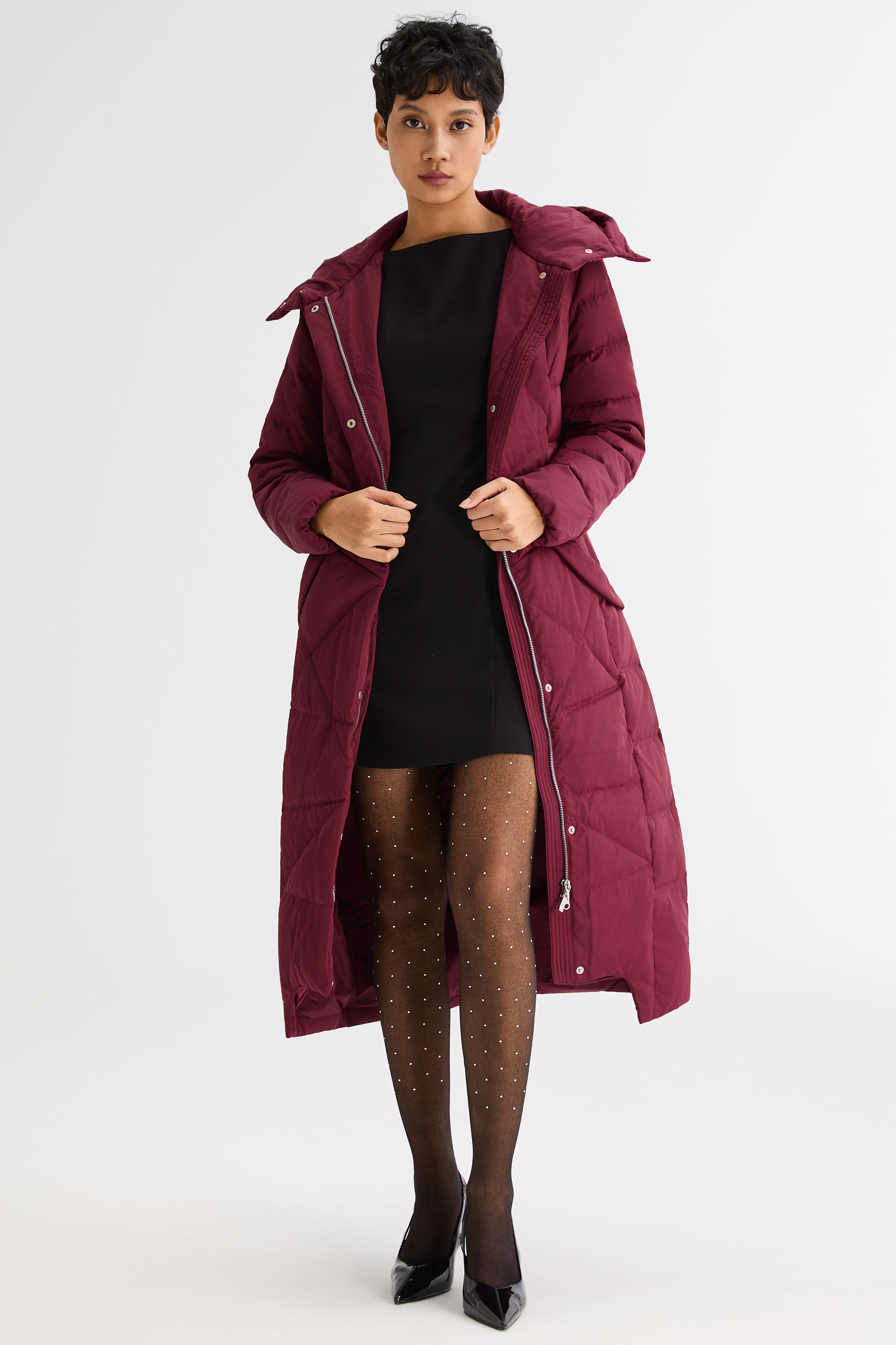 Orolay Long Maxi Down Coat with Hood women #color_Red Dahlia