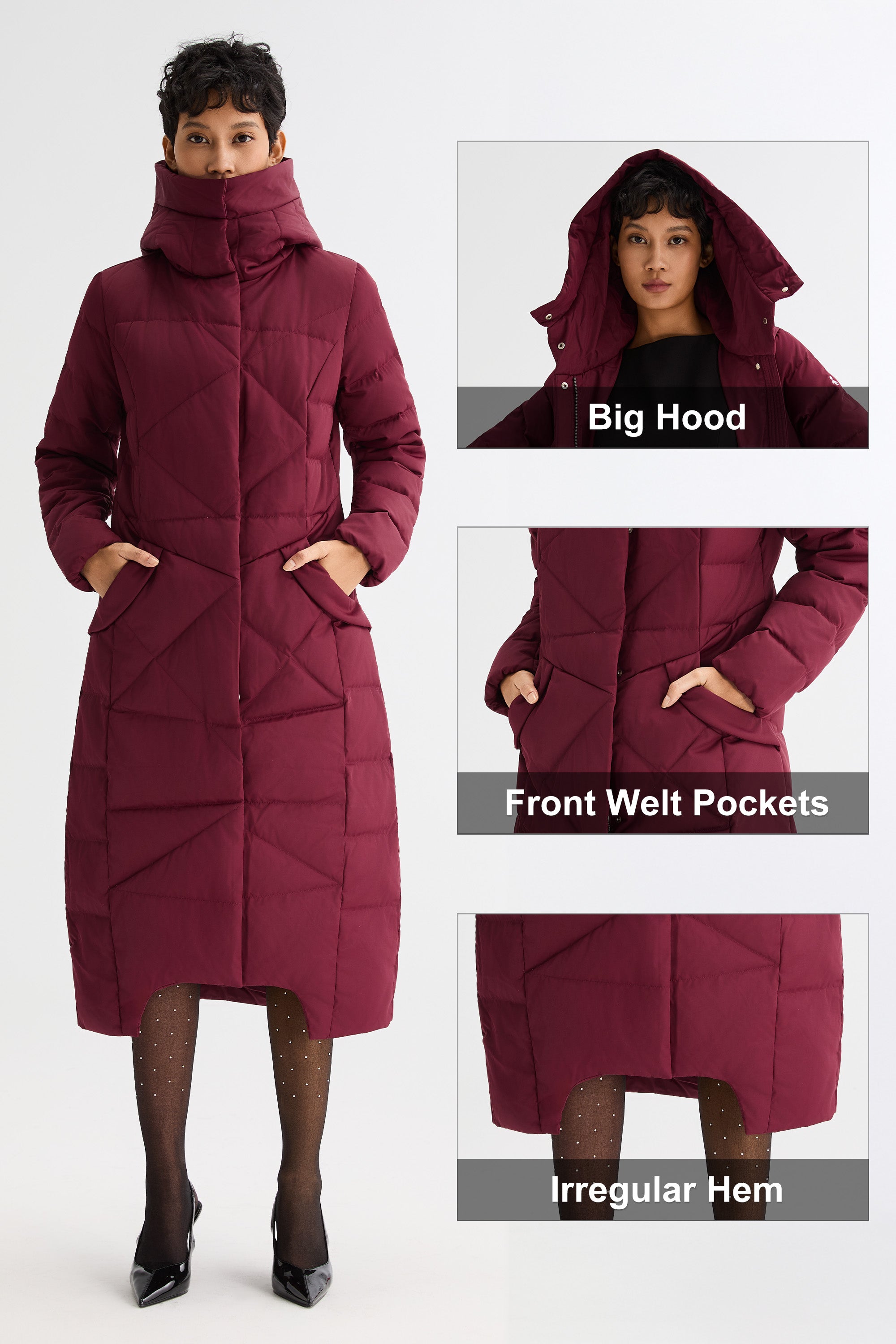Orolay Long Maxi Down Coat with Hood women #color_Red Dahlia