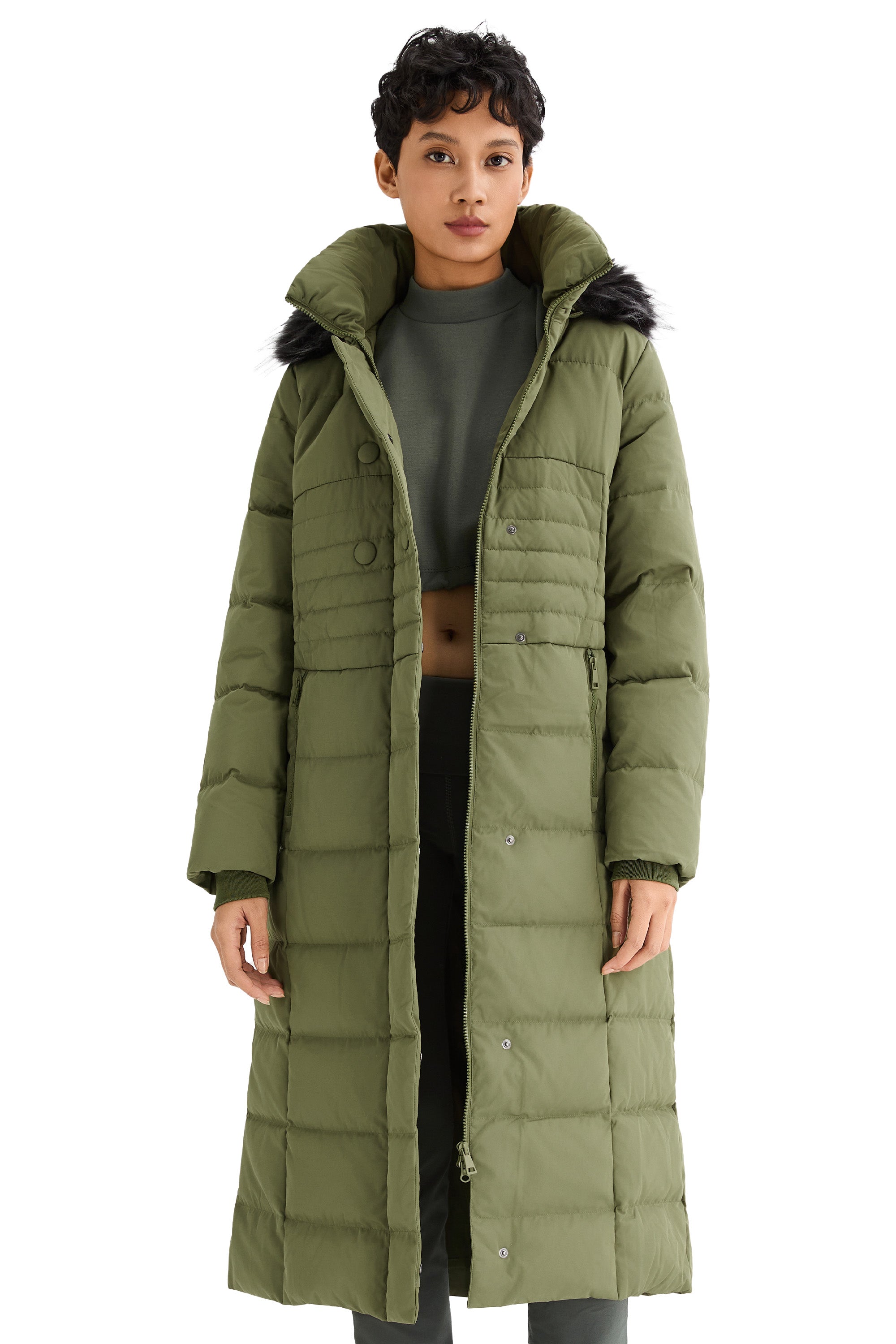 Long Puffer Coat with Hood Fur - Orolay, #color_Peat Moss