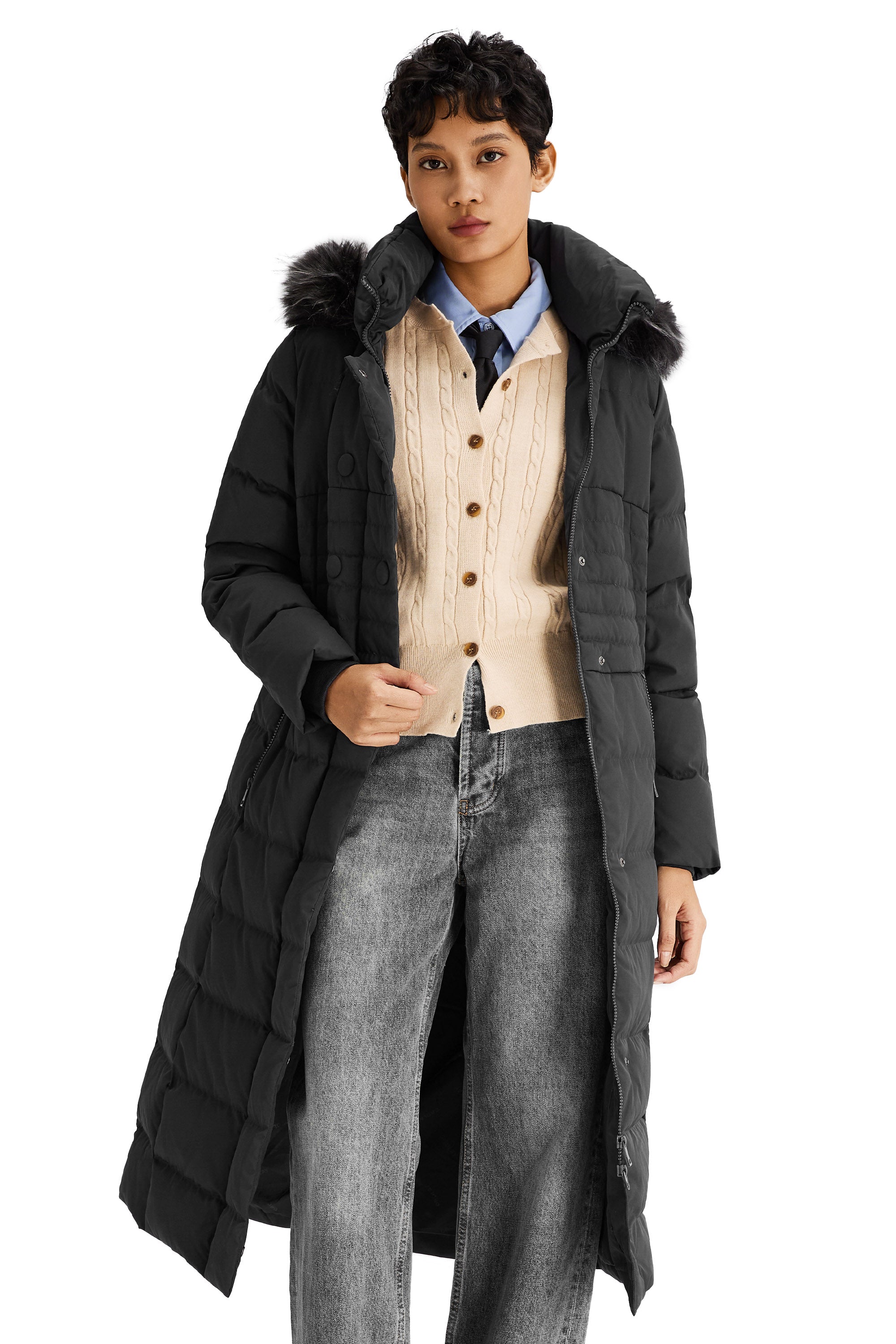 Long Puffer Coat with Hood Fur - Orolay, #color_Black