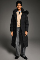 Long Puffer Coat with Hood Fur - Orolay, #color_Black