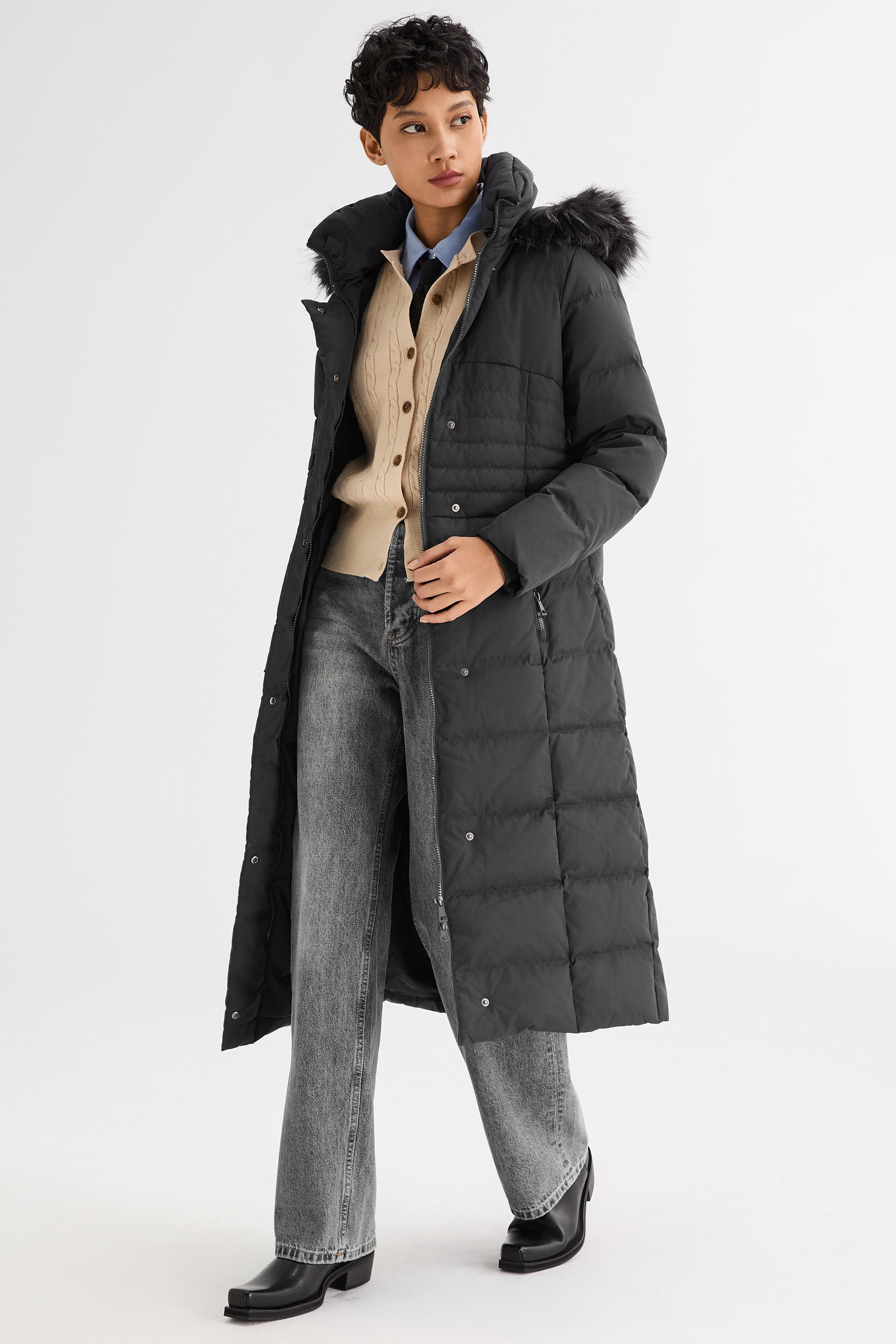Long Puffer Coat with Hood Fur - Orolay, #color_Black
