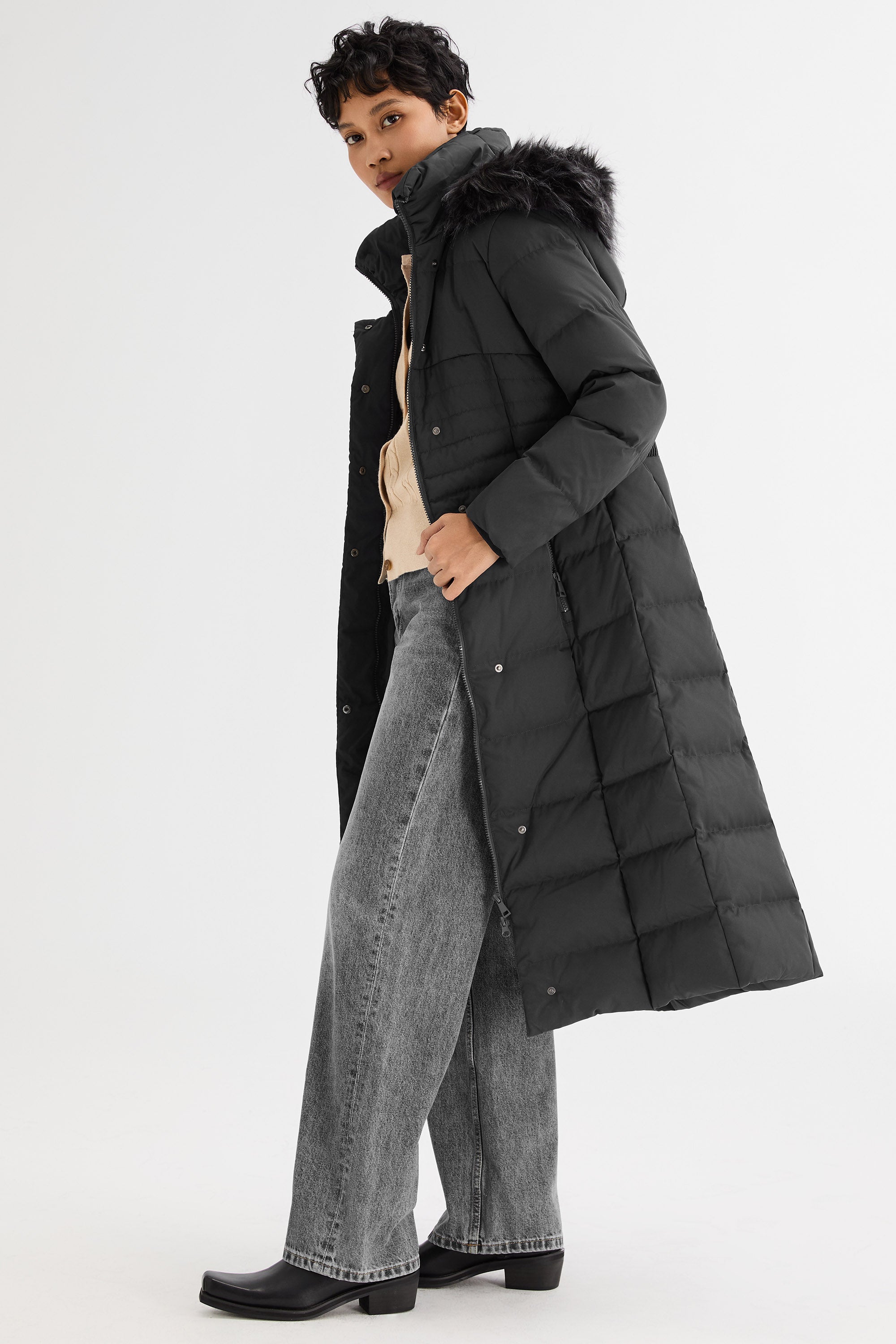 Long Puffer Coat with Hood Fur - Orolay, #color_Black