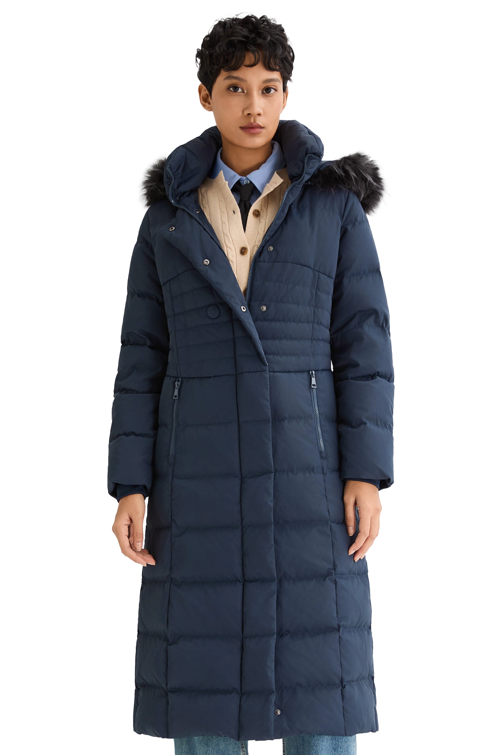 Long Puffer Coat with Hood Fur - Orolay, #color_Blueprint