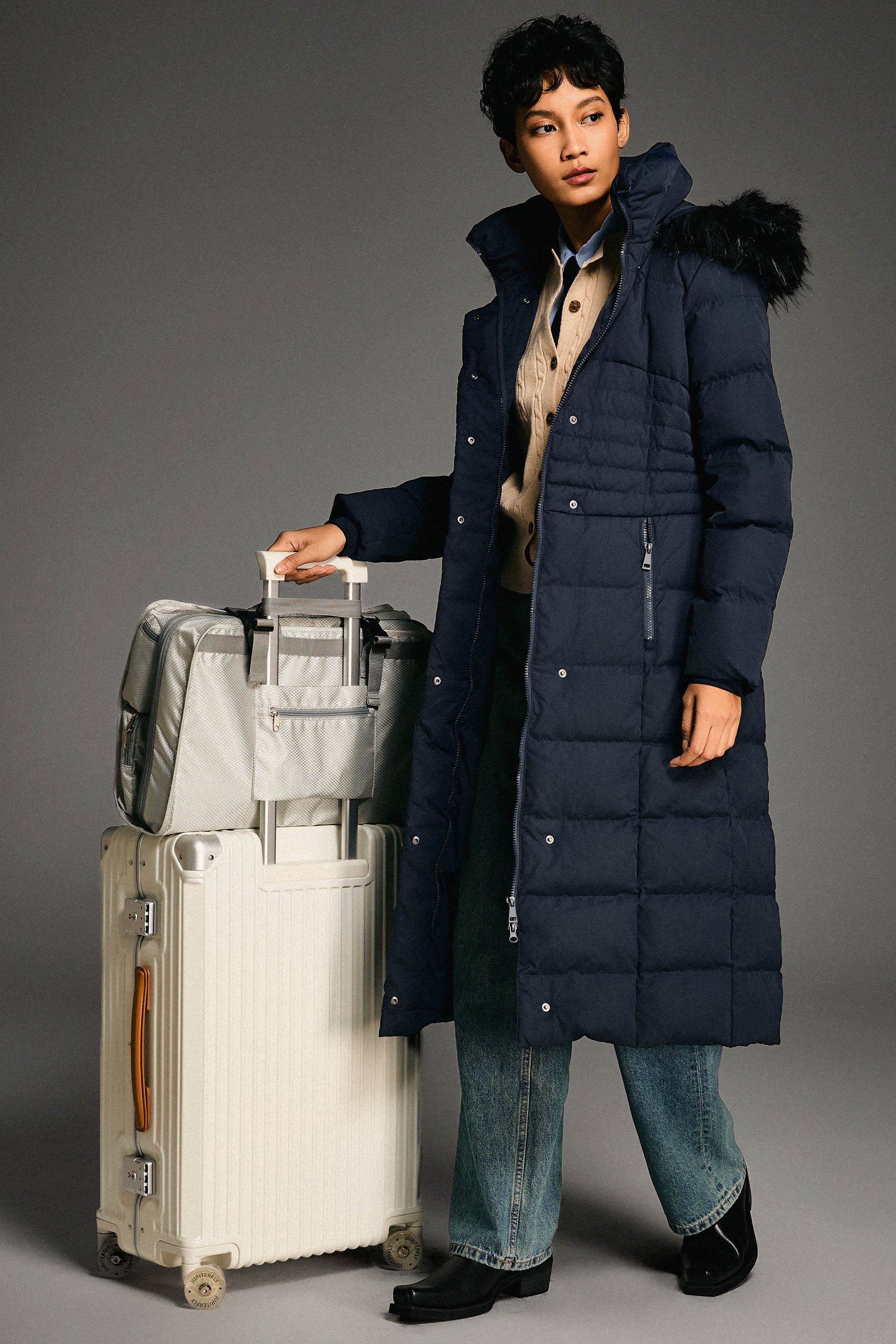 Long Puffer Coat with Hood Fur - Orolay, #color_Blueprint
