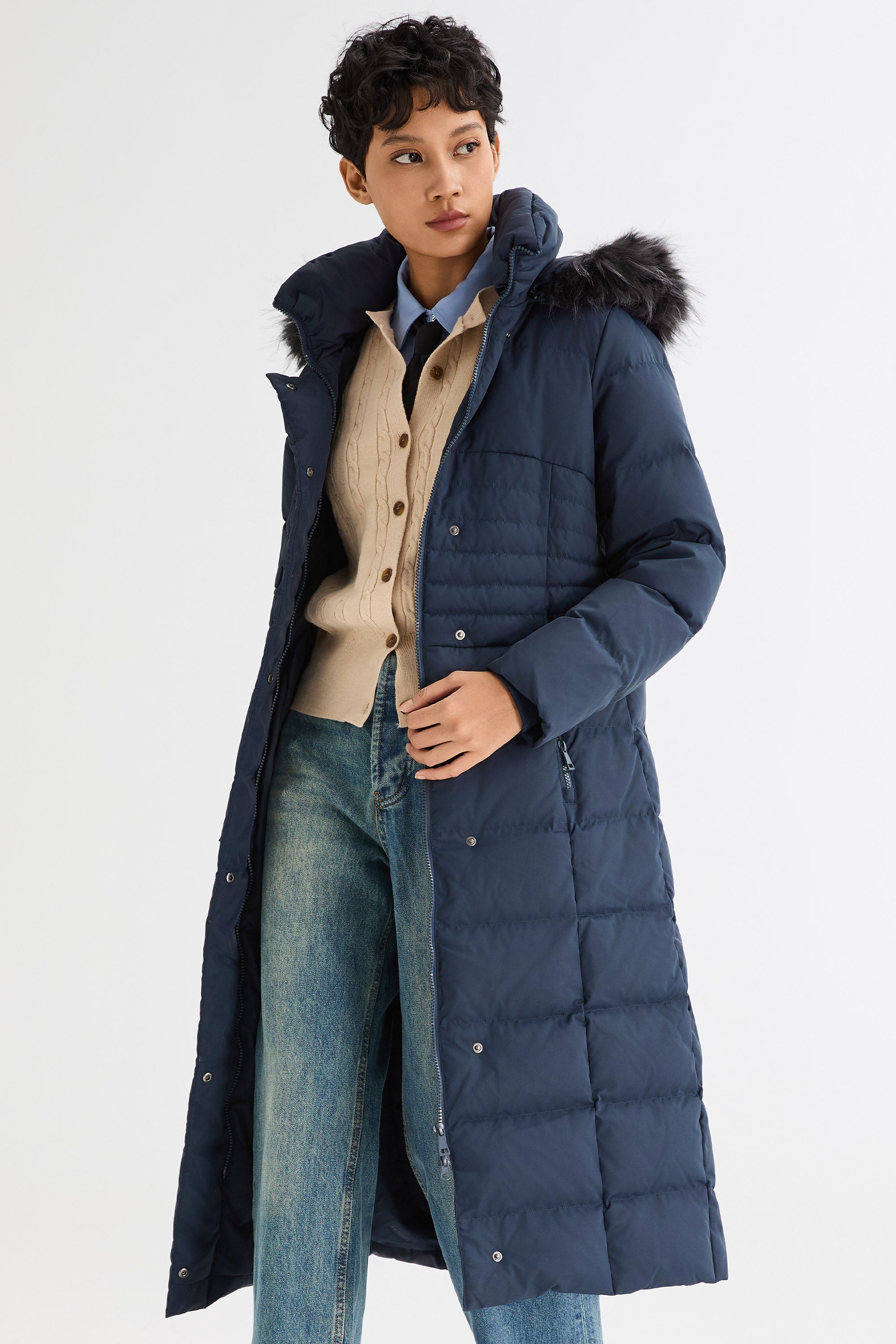 Long Puffer Coat with Hood Fur - Orolay, #color_Blueprint