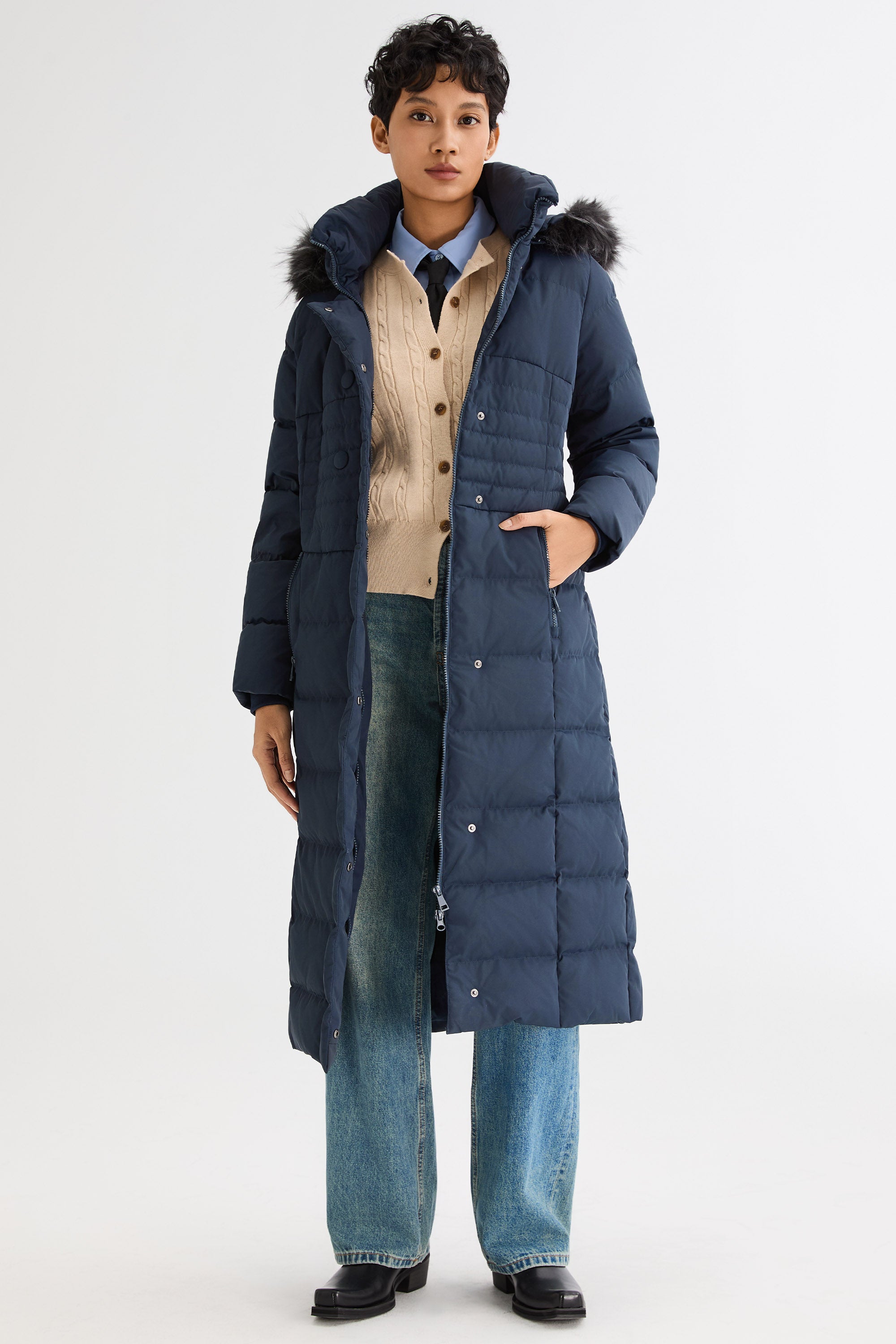 Long Puffer Coat with Hood Fur - Orolay, #color_Blueprint