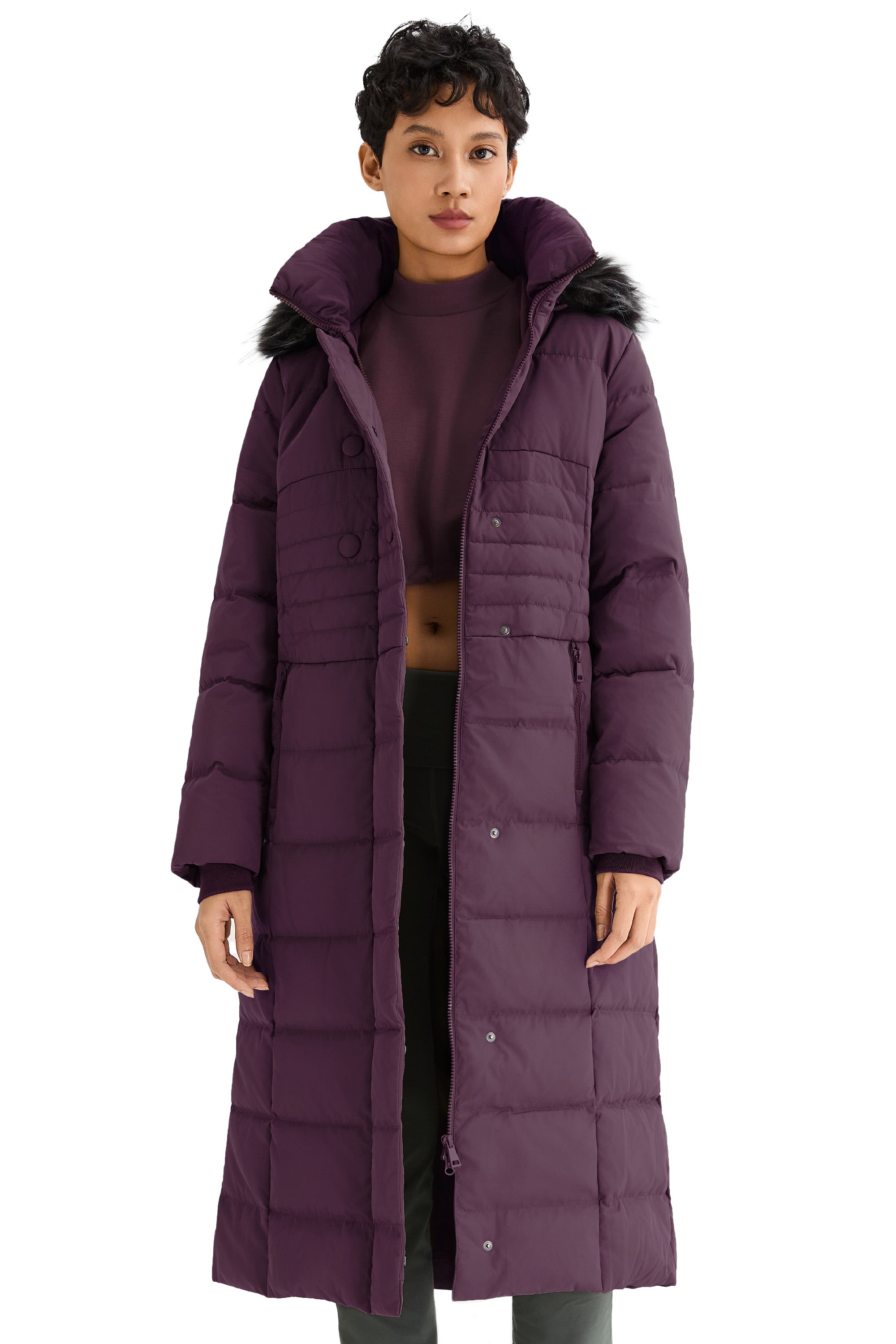 Long Puffer Coat with Hood Fur - Orolay, #color_Magenta Purple