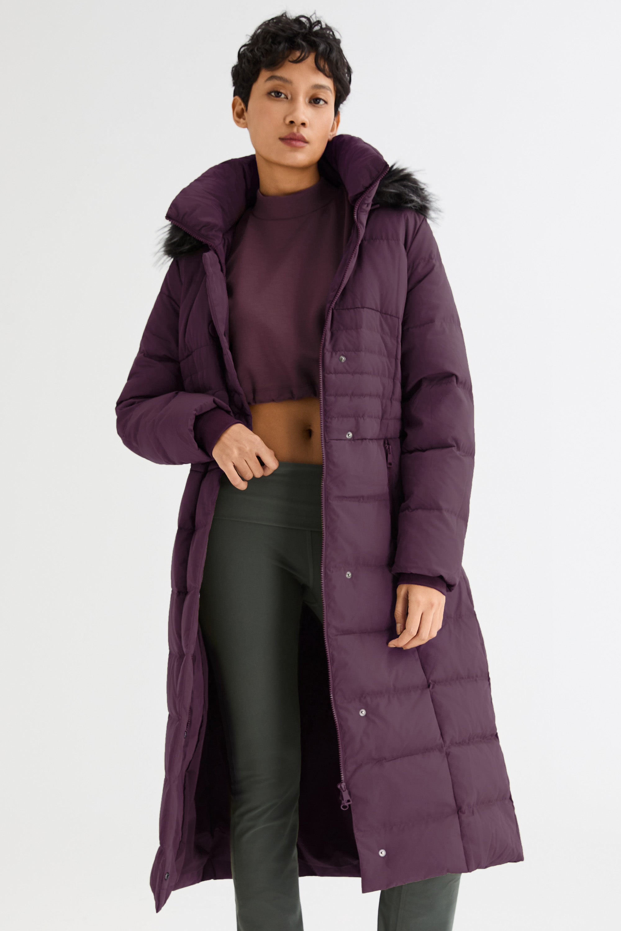 Long Puffer Coat with Hood Fur - Orolay, #color_Magenta Purple