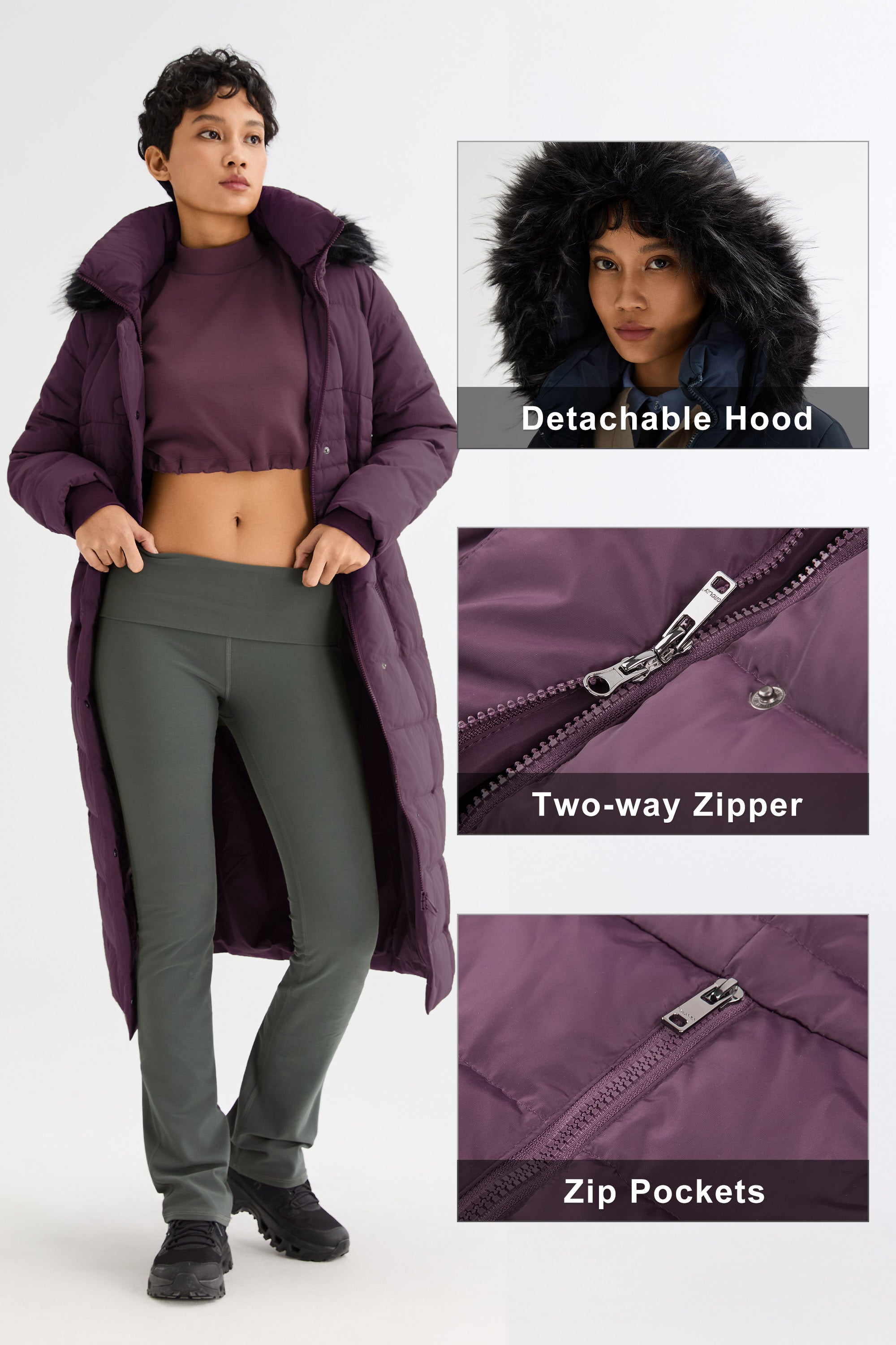 Long Puffer Coat with Hood Fur - Orolay, #color_Magenta Purple