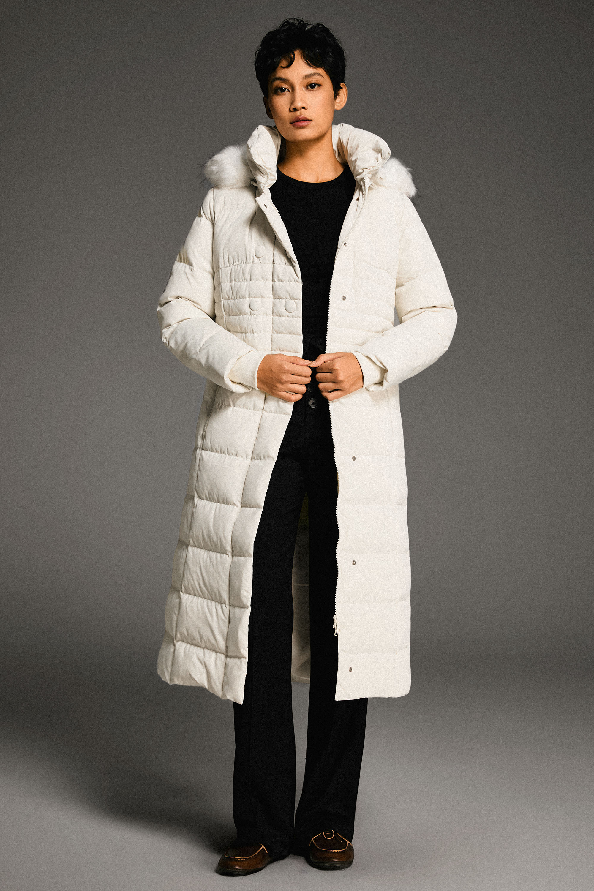Long Puffer Coat with Hood Fur - Orolay, #color_off-White