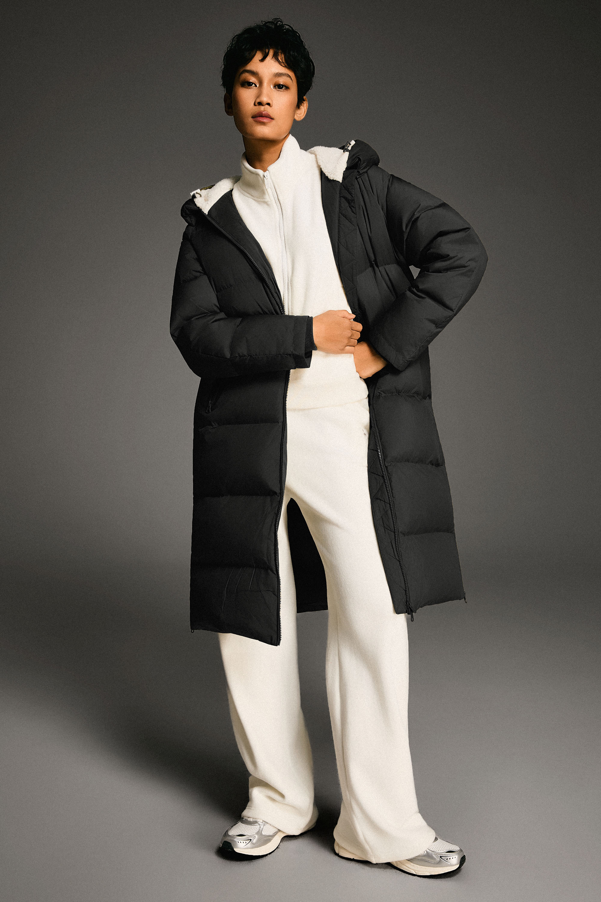 Orolay-Long Puffer Down Jacket with Hem Slit-#color_Black