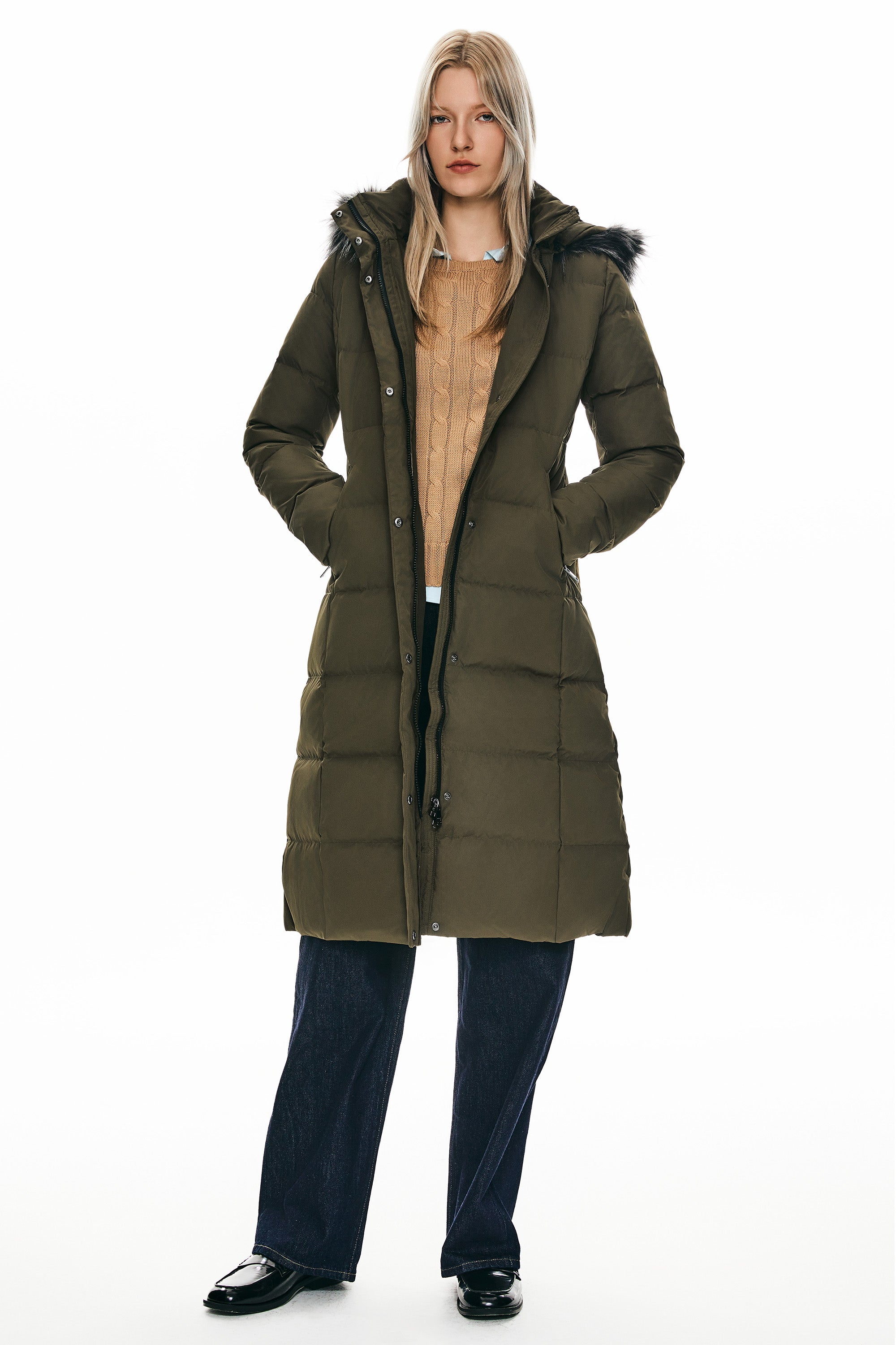Long Puffer Faux Fur Hood Down Coat - Orolay, #color_Sea Turtle