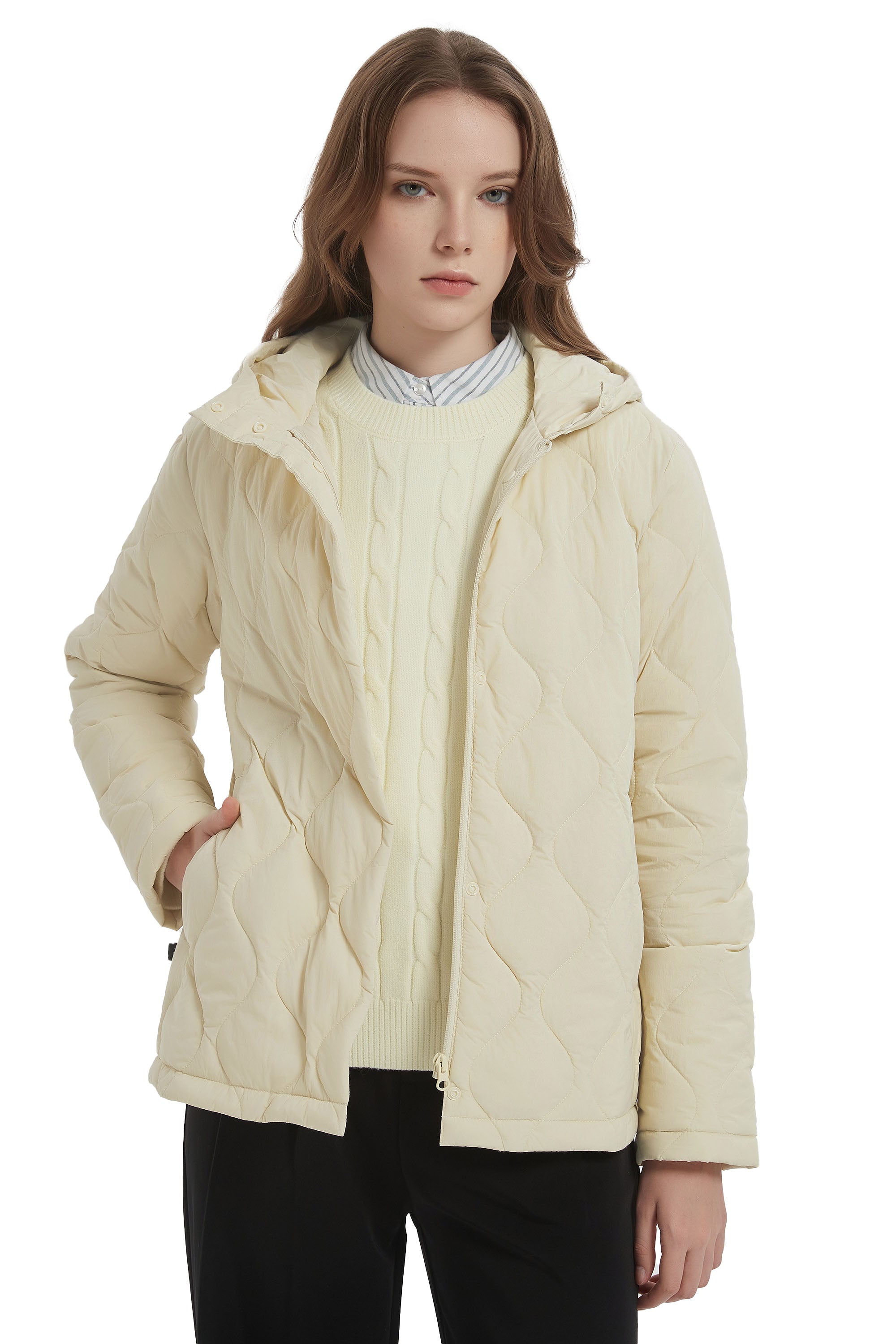 Orolay Quilted Down Jacket Lightweight Hooded #color_Beige