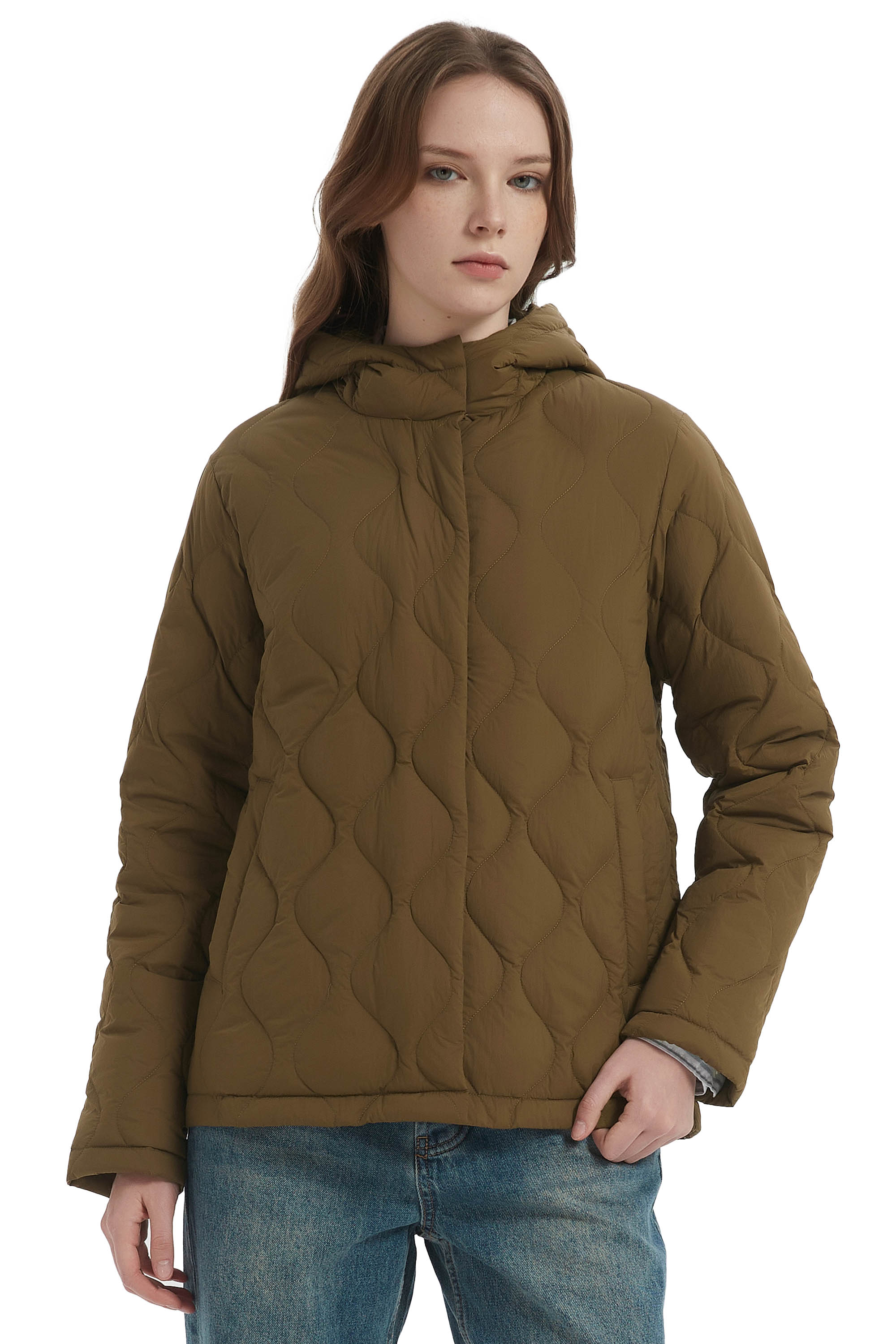 Orolay Quilted Down Jacket Lightweight Hooded #color_Coffee