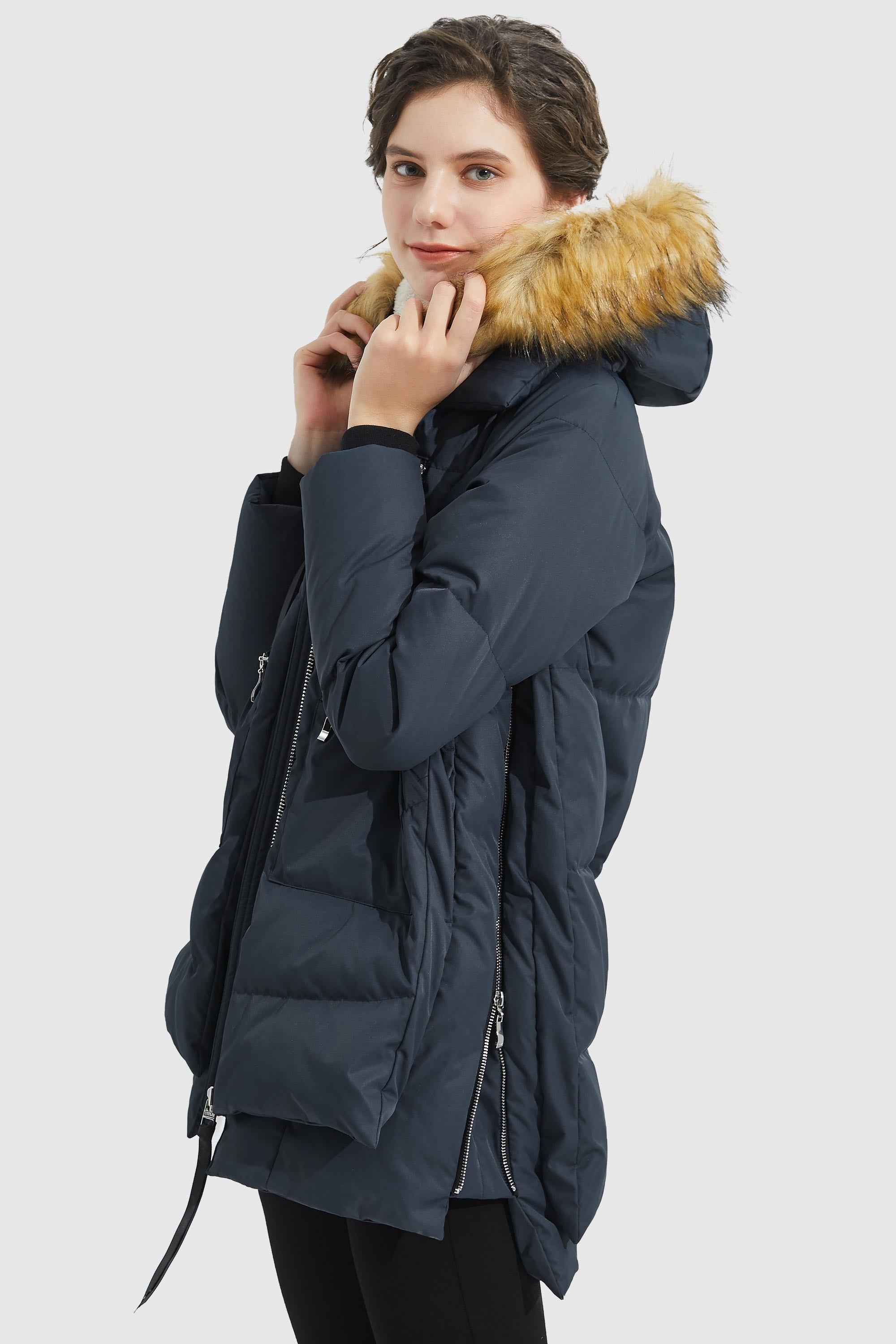 Orolay 092 Classics Thickened Down Jacket with Faux Fur Hood women #color_navy