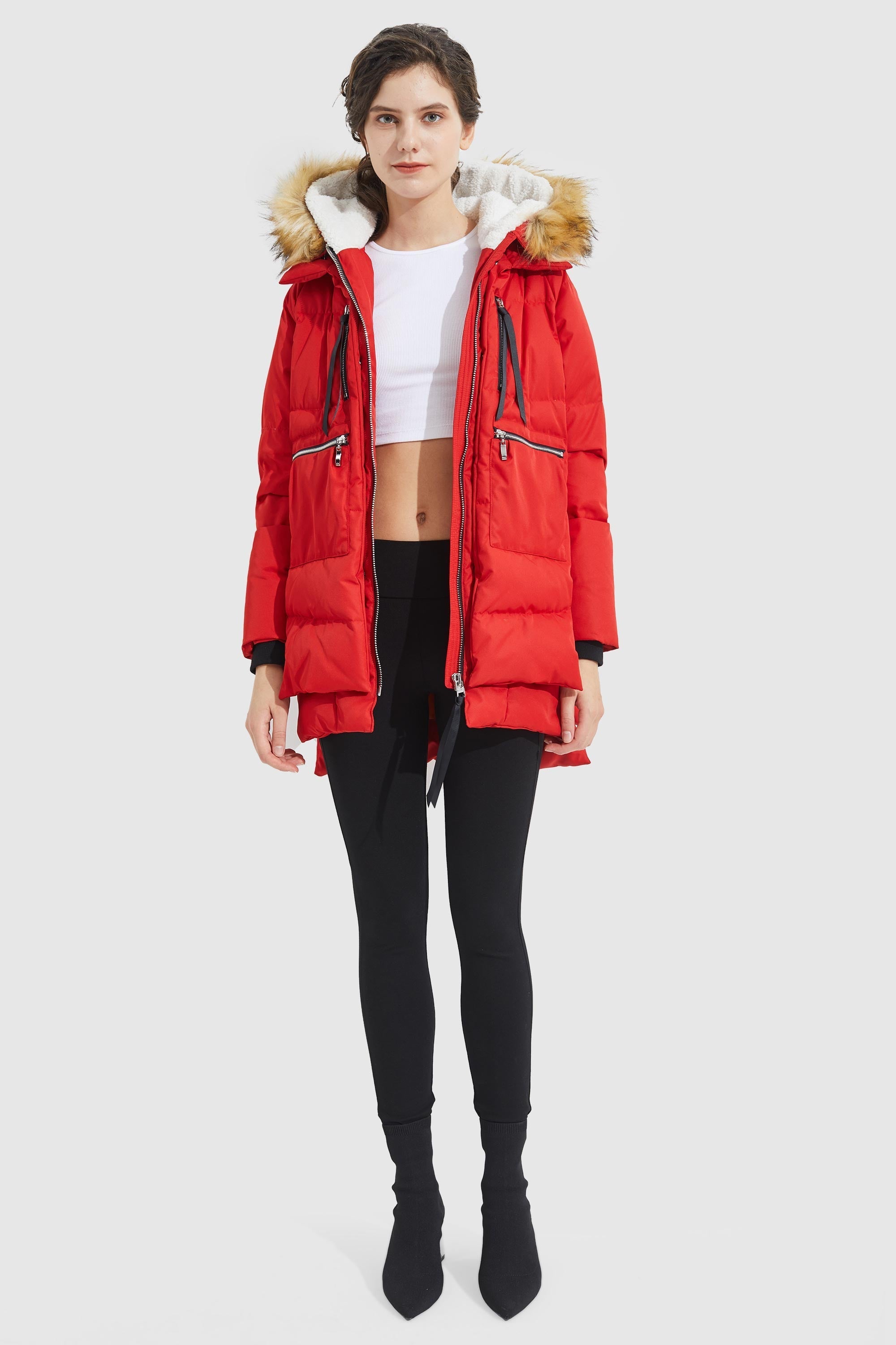 Orolay-092 Classics Thickened Down Jacket with Faux Fur Hood #color_Red