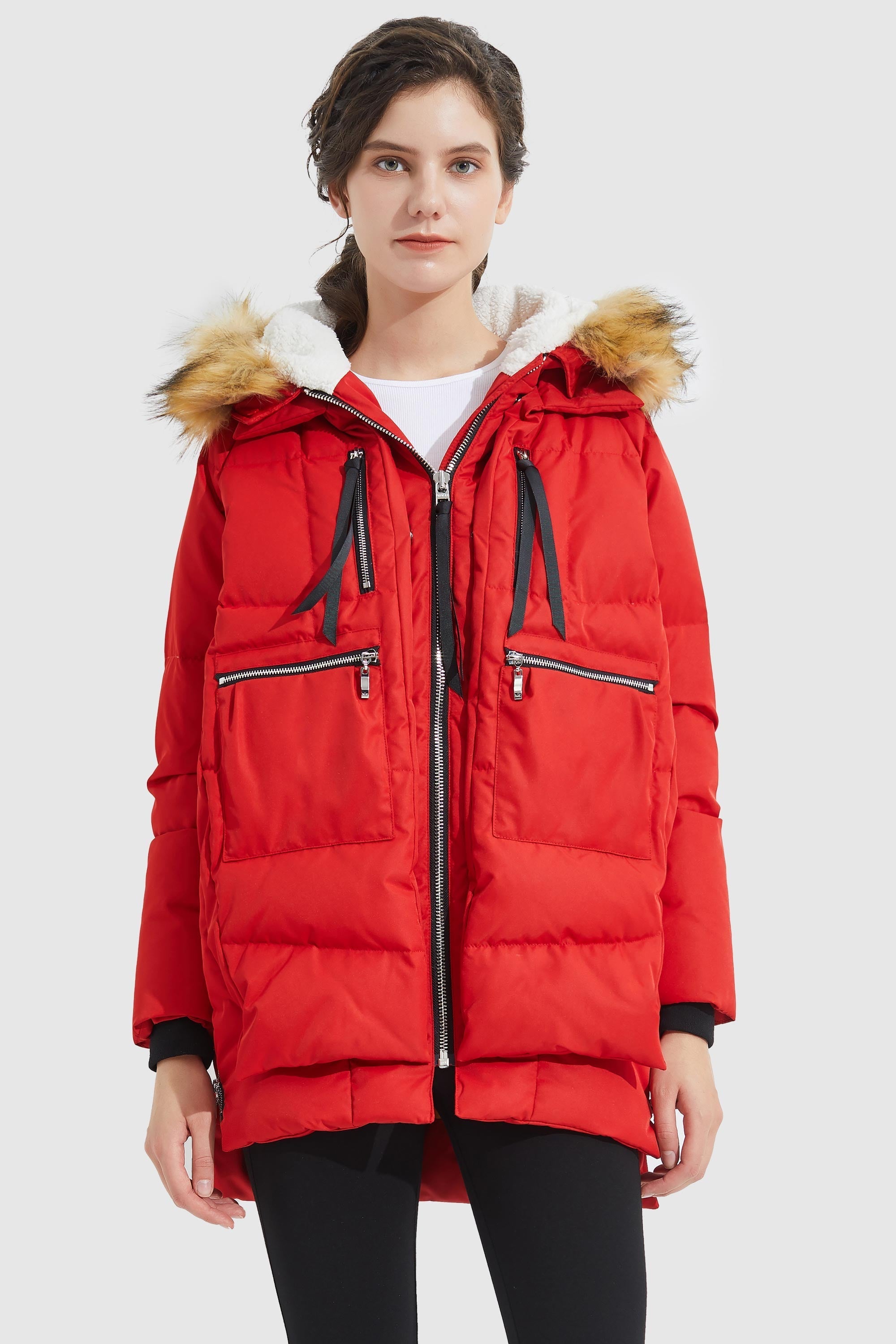 Orolay-092 Classics Thickened Down Jacket with Faux Fur Hood #color_Red